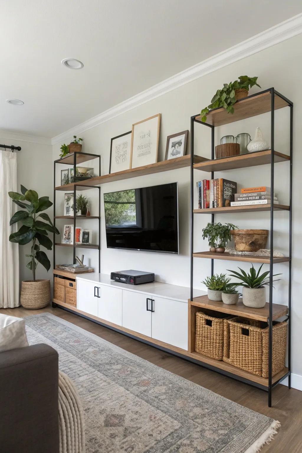 Adaptable segments furnish malleability and contemporary flair within a media wall.