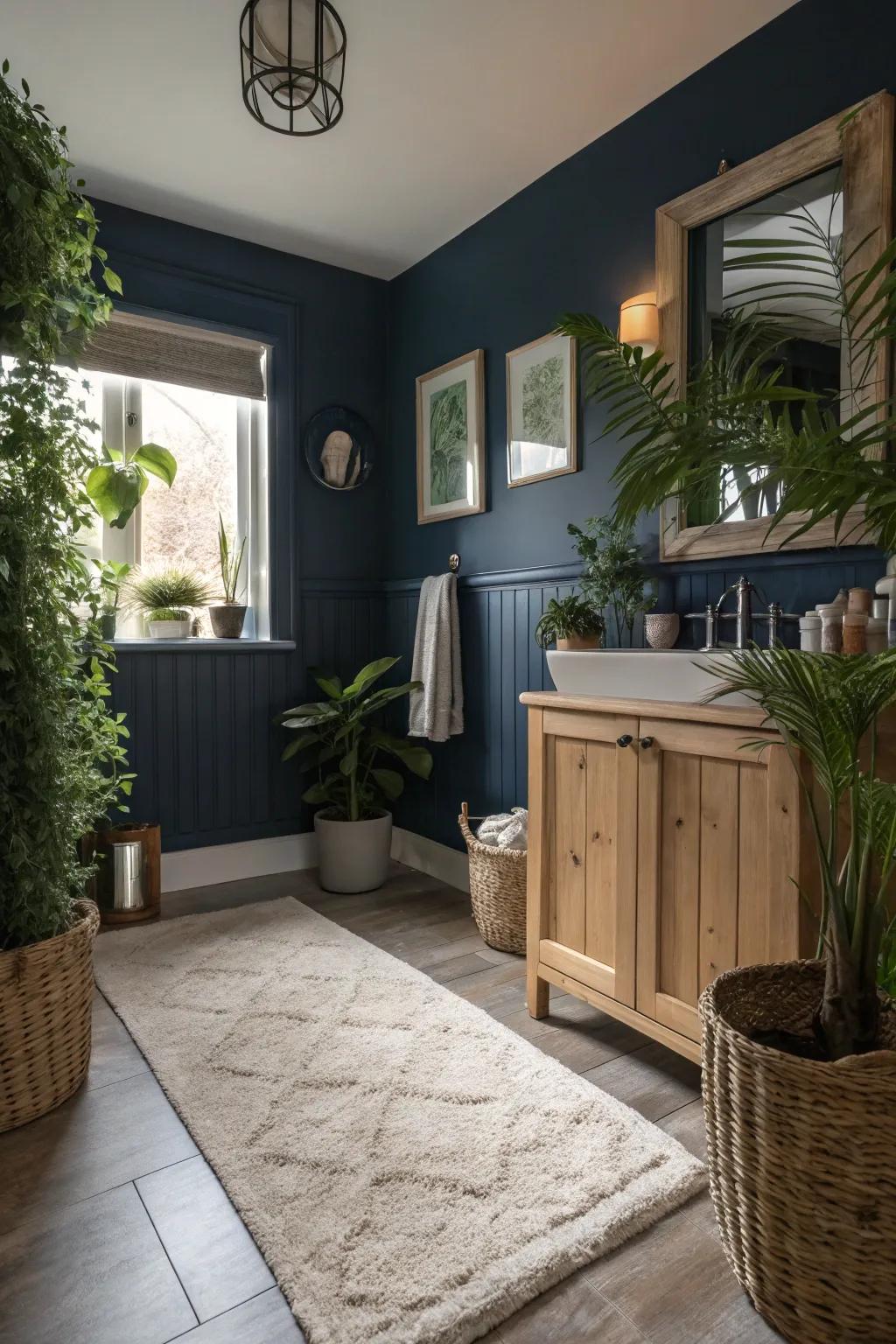 Decorative accents bring warmth and texture to deep ocean bathrooms.