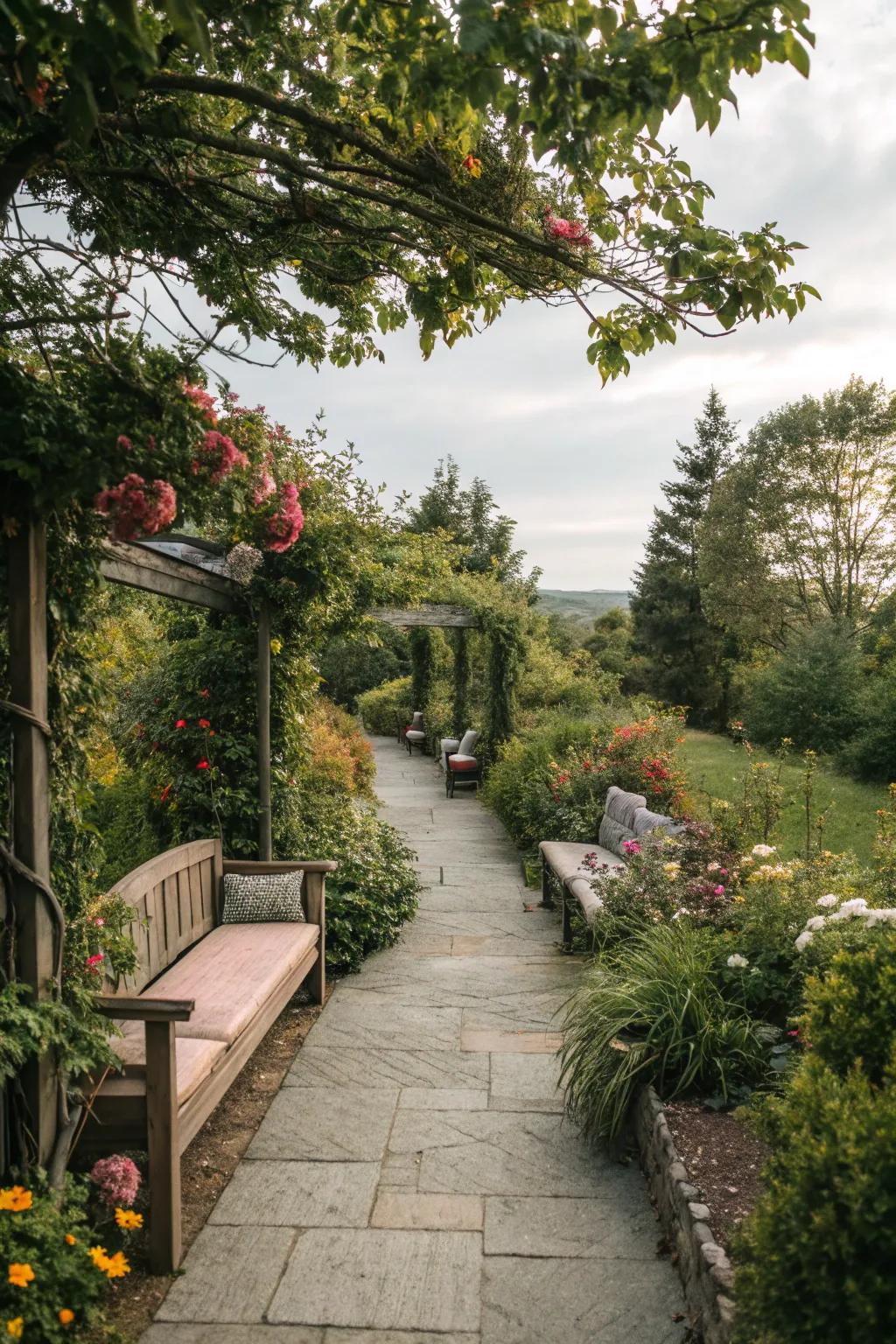 A garden path featuring a cozy lounging spot for relaxation.