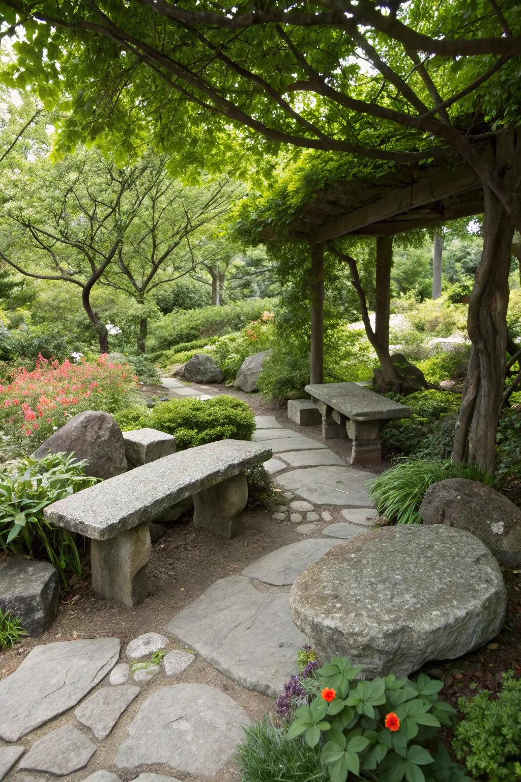 A stone bench seating spot beckons relaxation and enjoyment of nature.