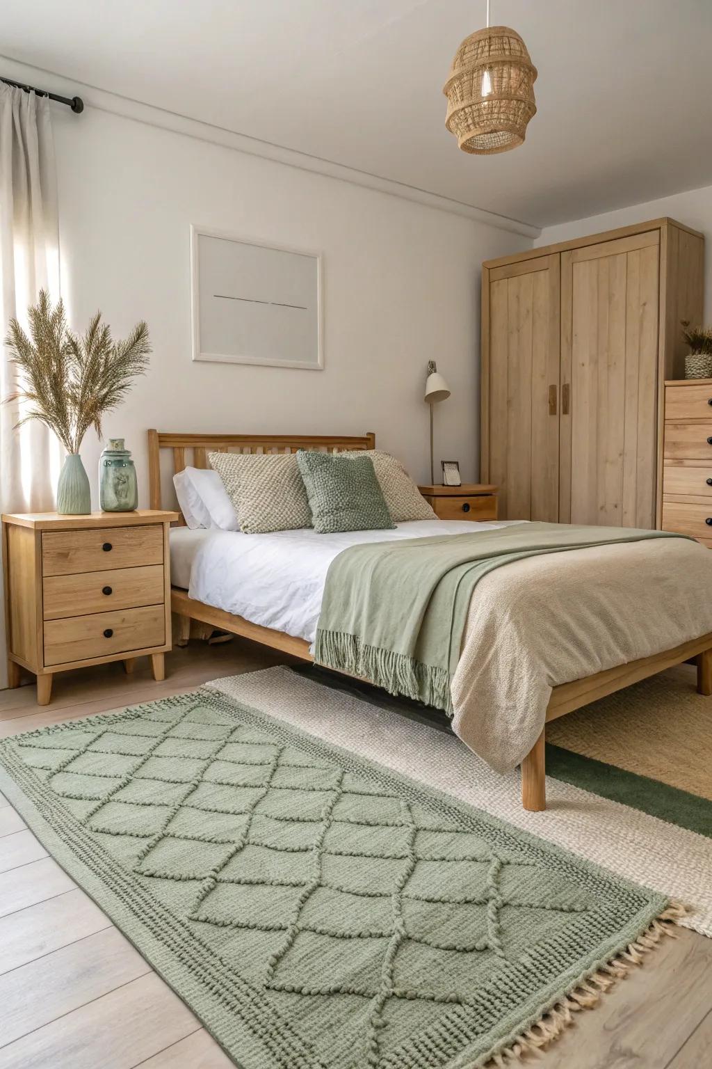 An avocado-toned rug adds warmth and ties the room together.