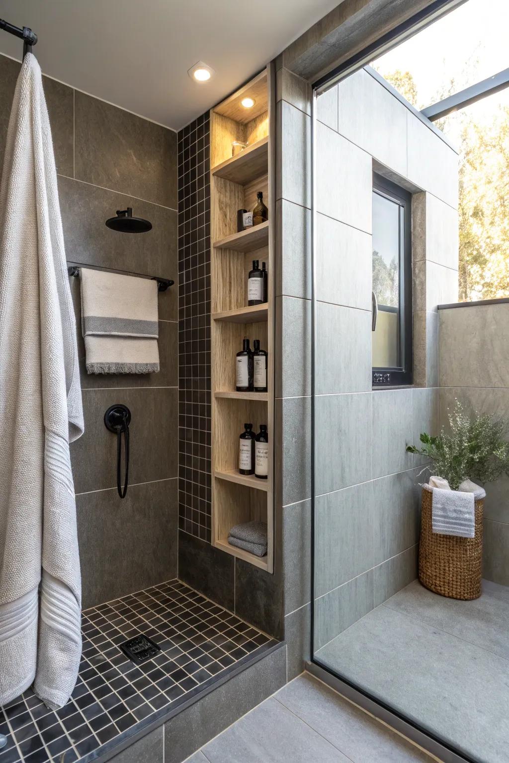 A bathing space presenting built-in shelving that combines storage with style.