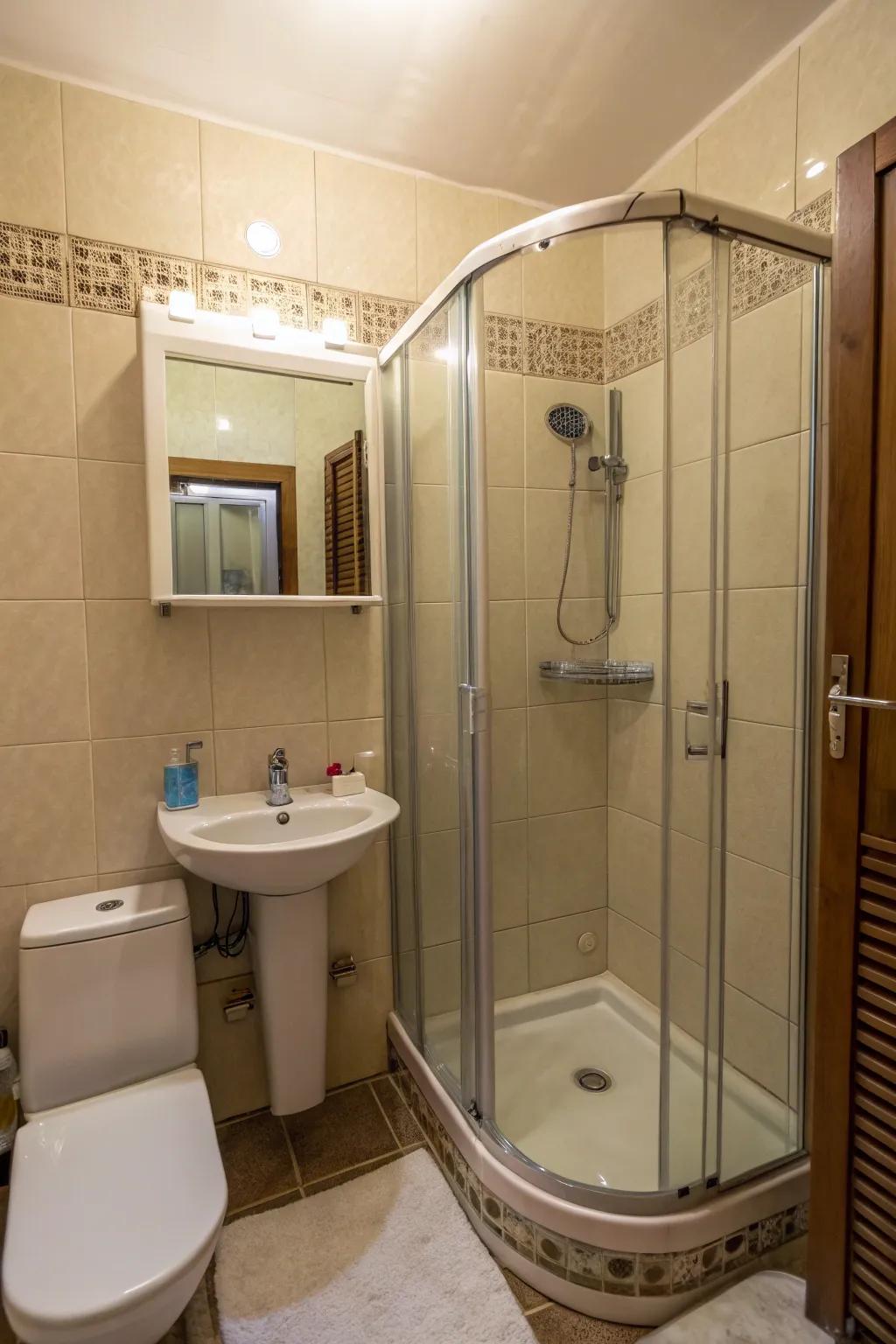 Glass units amplify the openness of this compact bathroom.