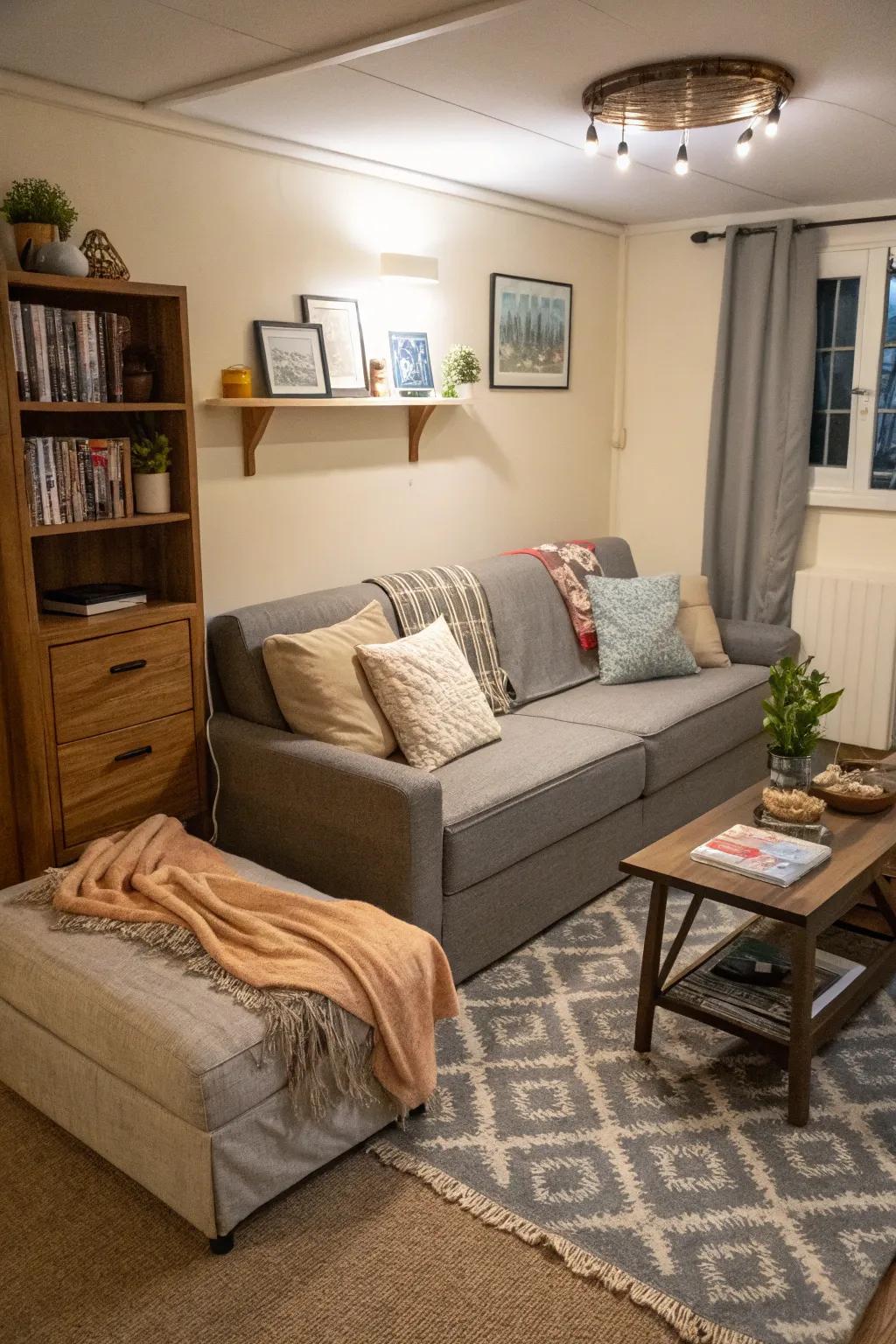 A small gathering spot with multi-functional furniture like a sofa bed.