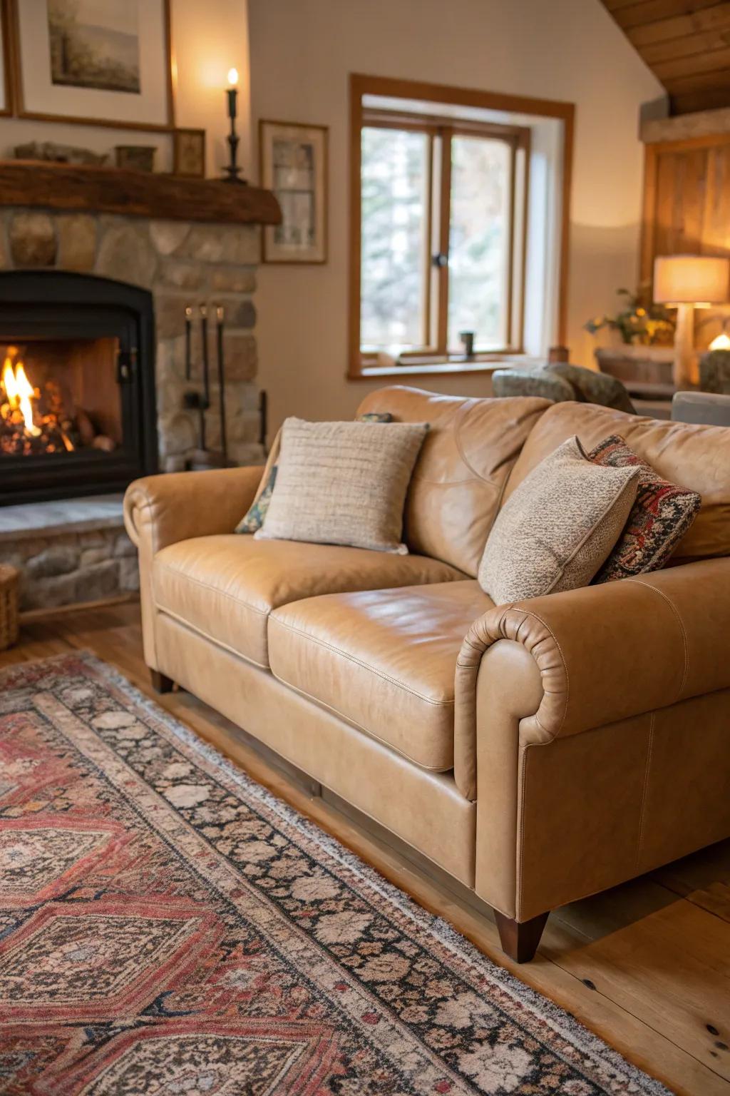 A hearth contributes warmth to a lounge area setting featuring a fawn hide couch.