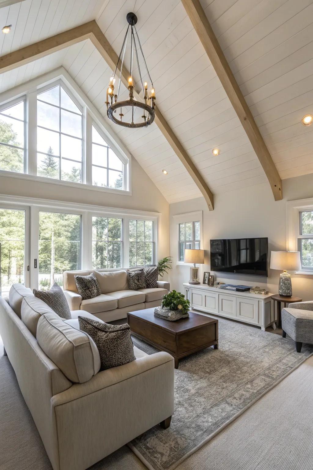 Spacious furniture adds comfort and style to this vaulted ceiling living area.