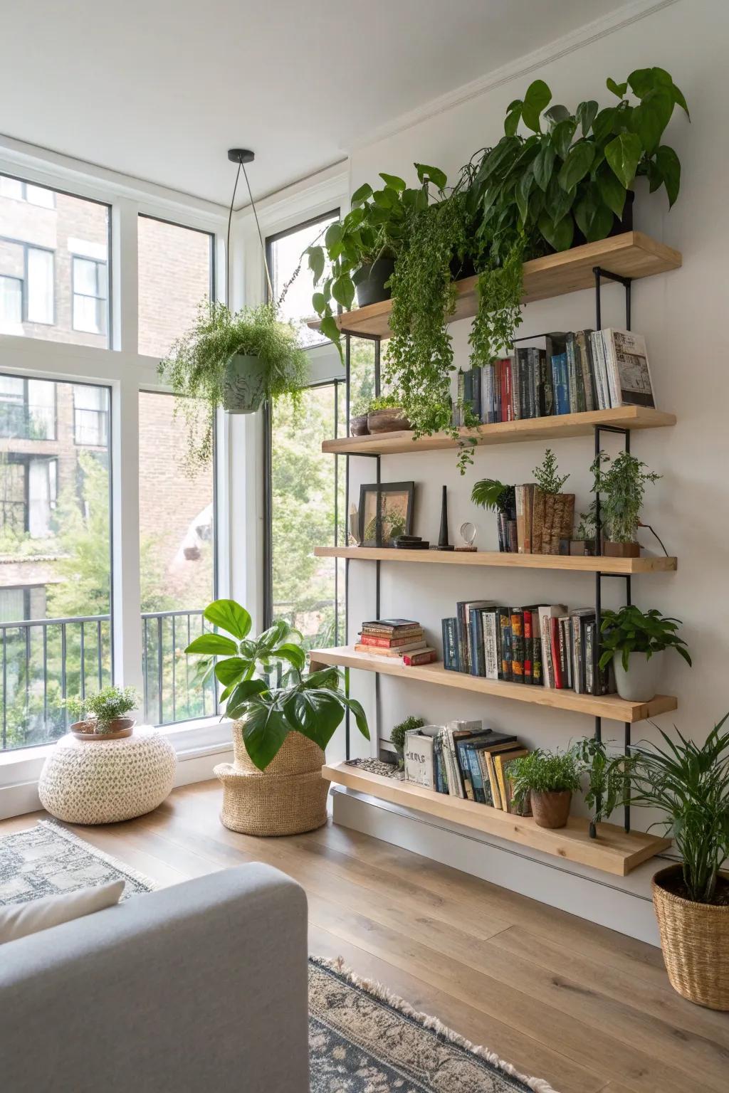 Hanging racks provide a flexible display for plants and books.