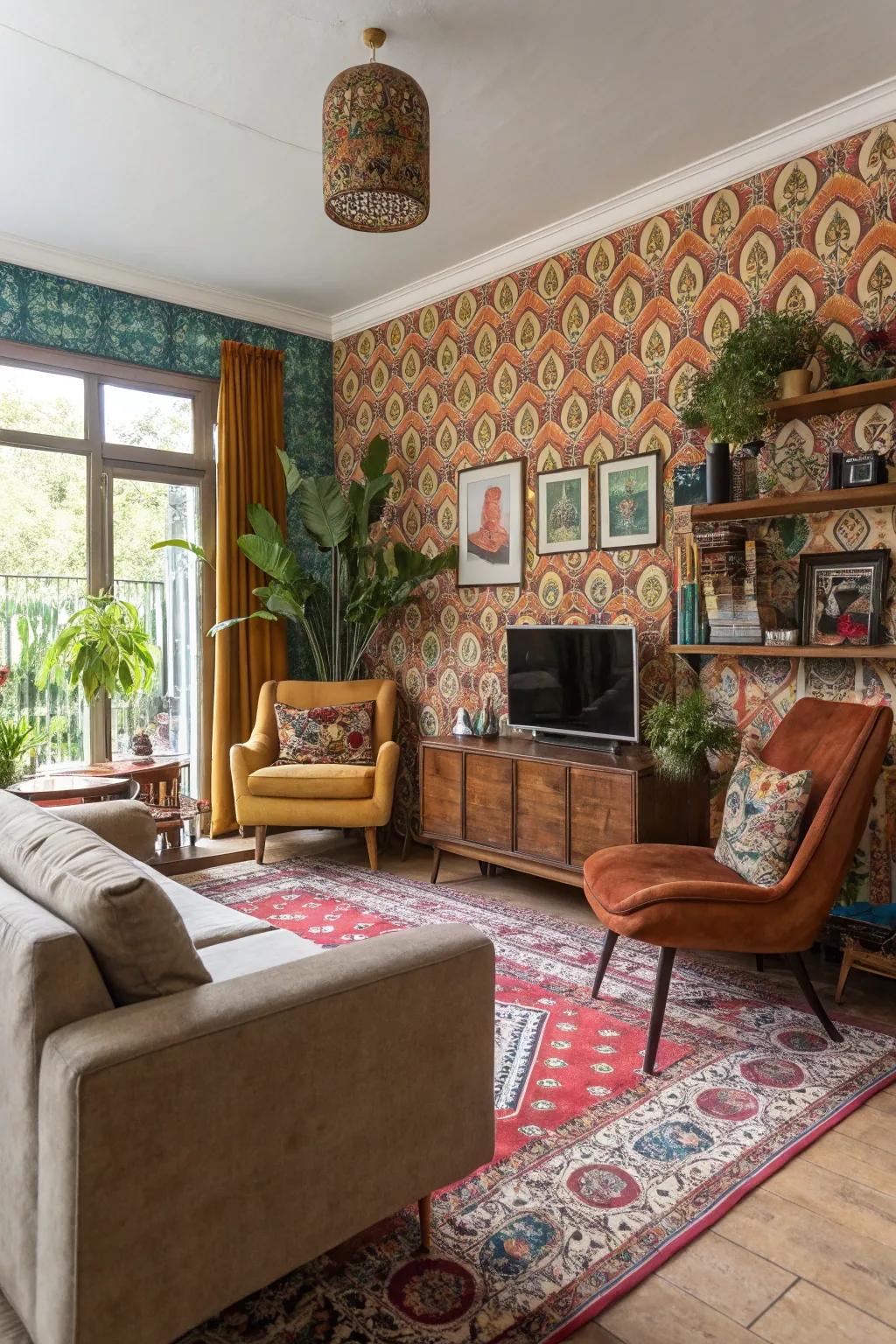 Free-spirited wallcovering adds charm to an eclectic living room.