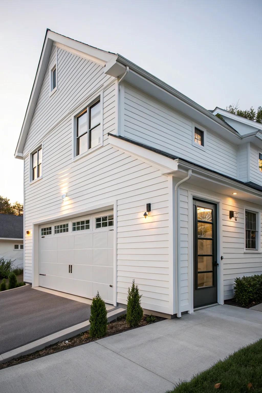 A connected design with the garage mixing smoothly into the white house.