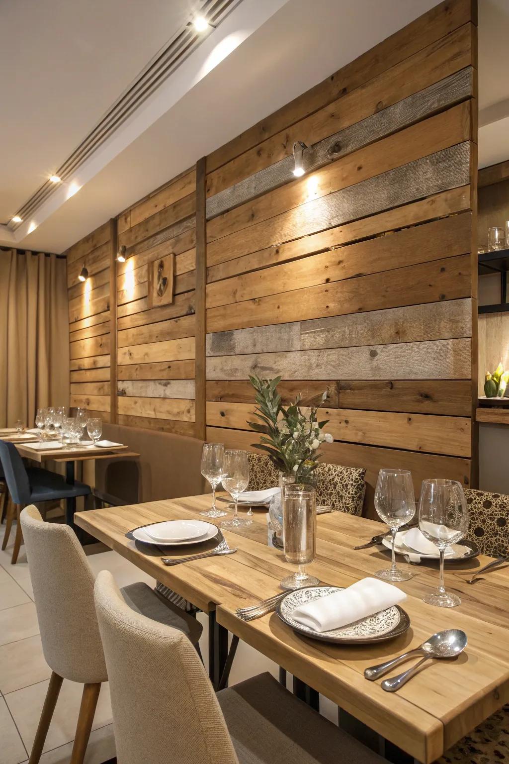 Contribute depth and warmth using a wood slat wall showcasing varied wood hues.