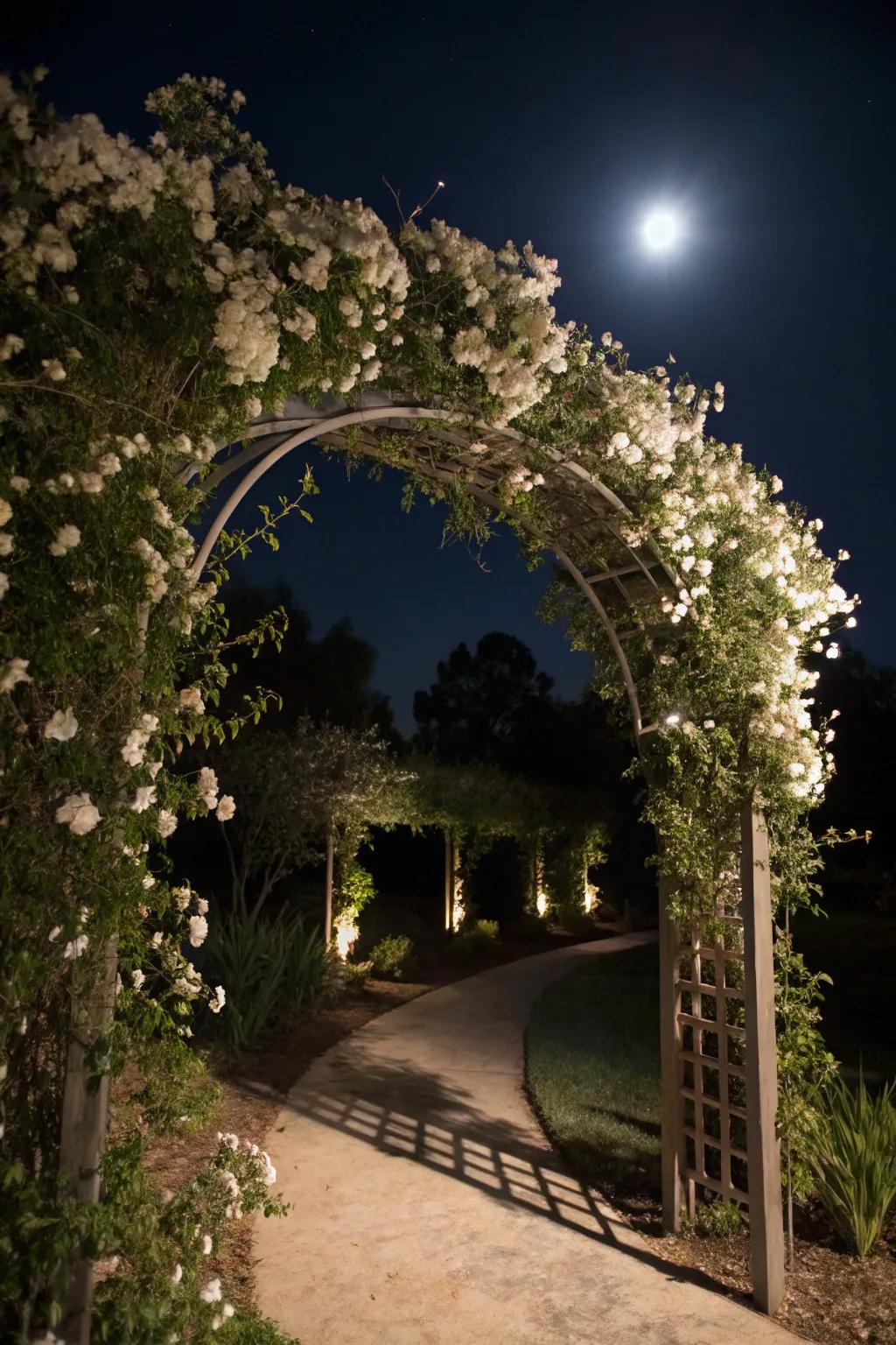 Arches covered with climbing white flowers form bewitching entrances.
