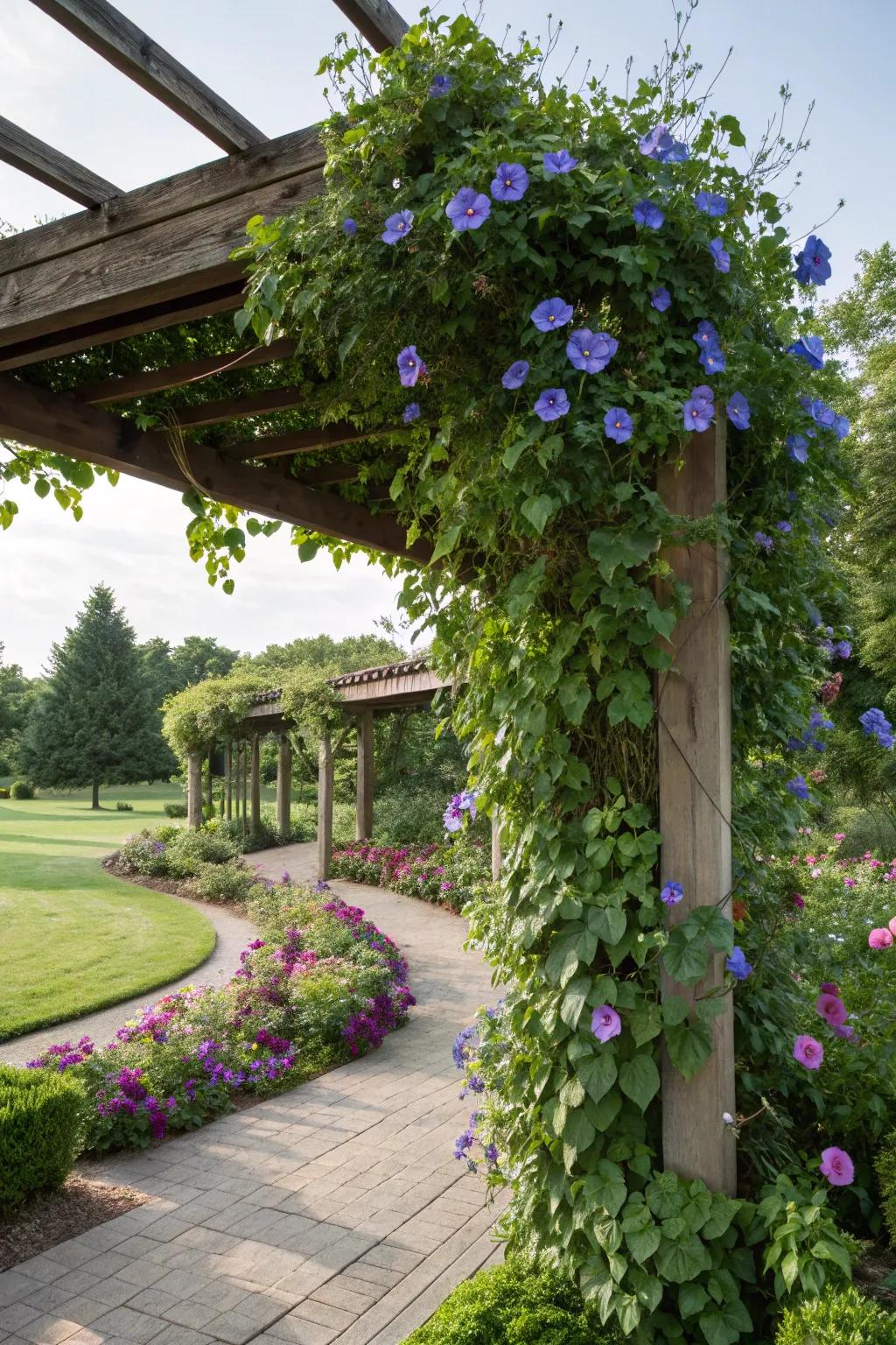 A pergola transformed into a floral retreat with Heavenly trumpets.