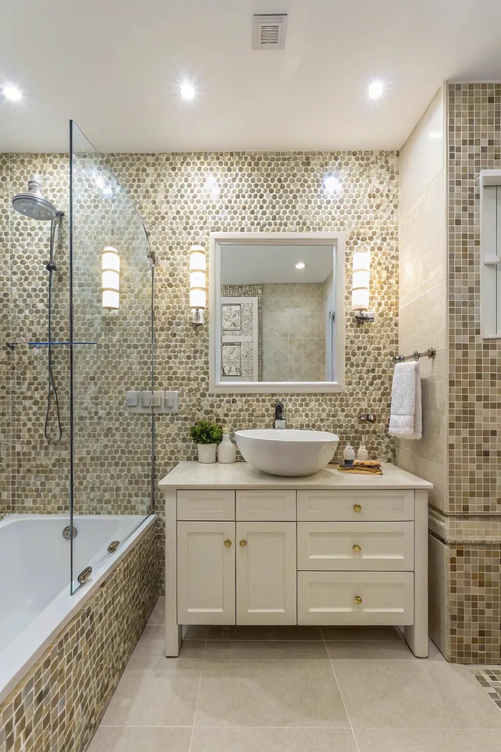 Attain harmony by coordinating tiles with bathroom fixtures.