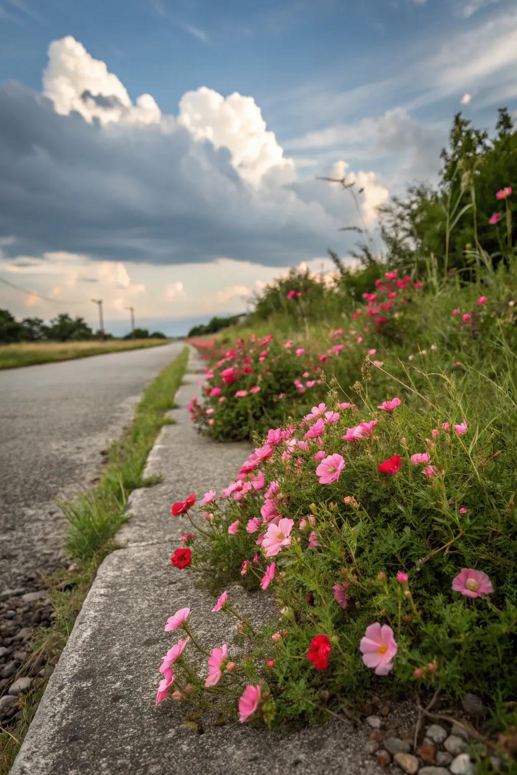 Sun roses enhance driveway borders with vivid color.