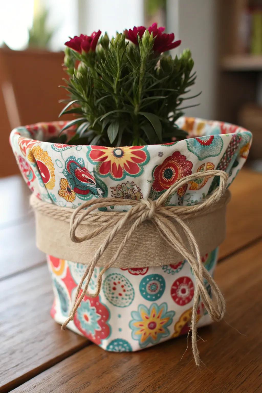 A flower pot encased in textile for a distinctive accent.