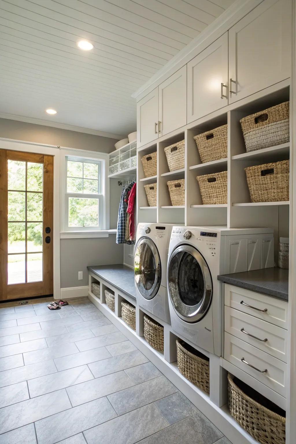 A multi-functional entryway merged with a laundry zone for added convenience.