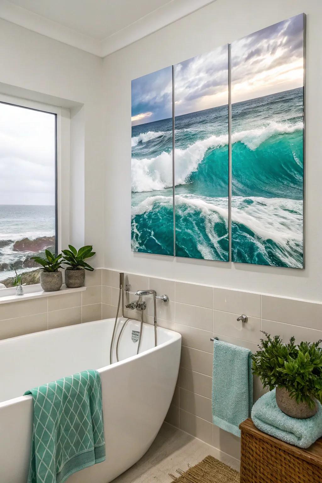 A calming array of ocean waves, creating a tranquil getaway in the bathroom.