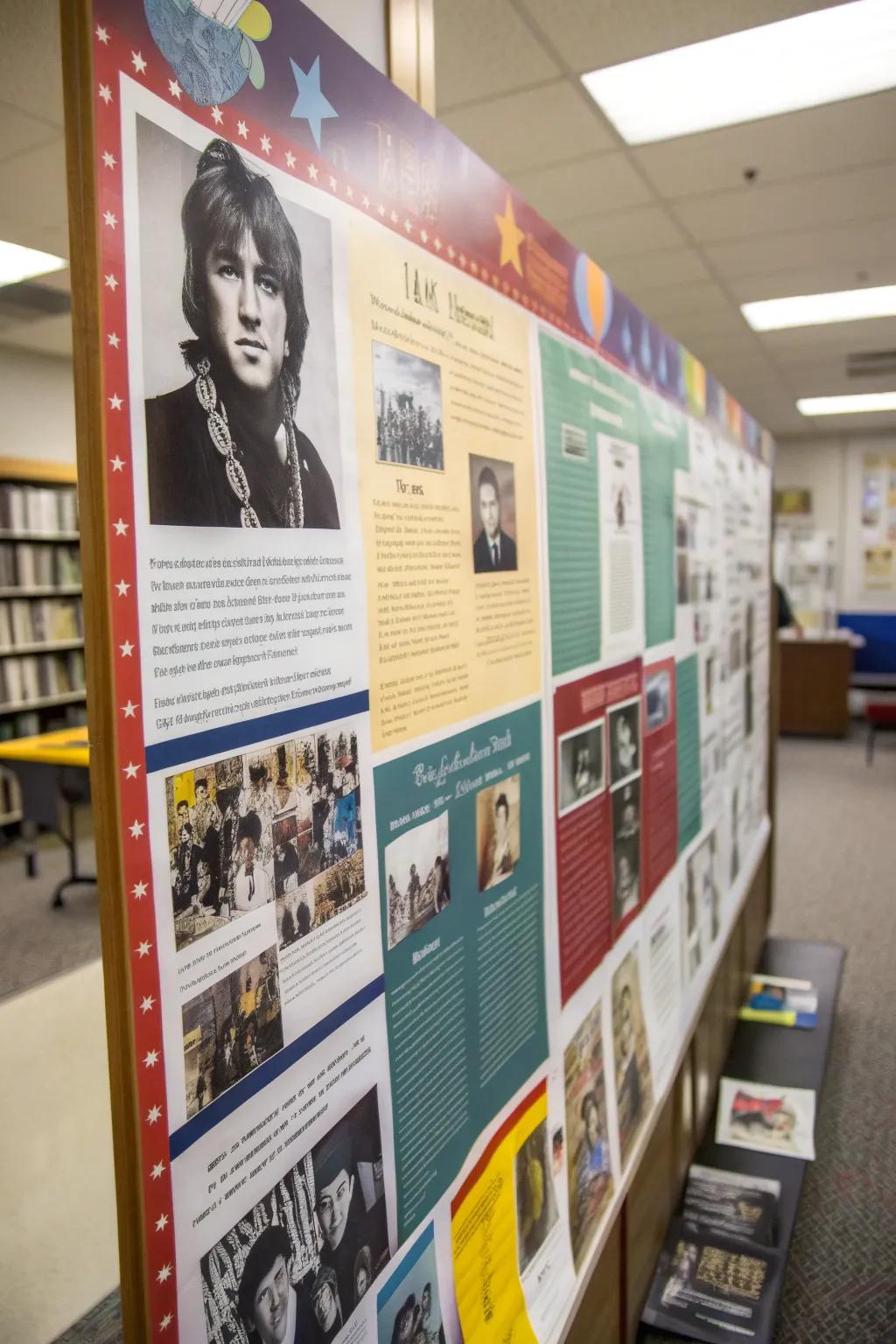 An engaging bulletin board with a timeline of music history.