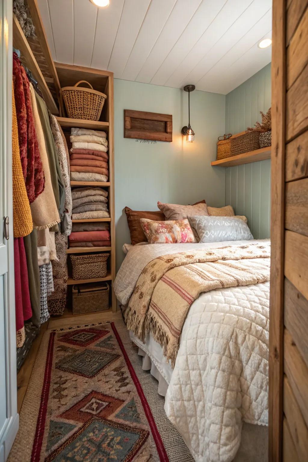 Layered textiles introduce depth and warmth in a slender bedroom.