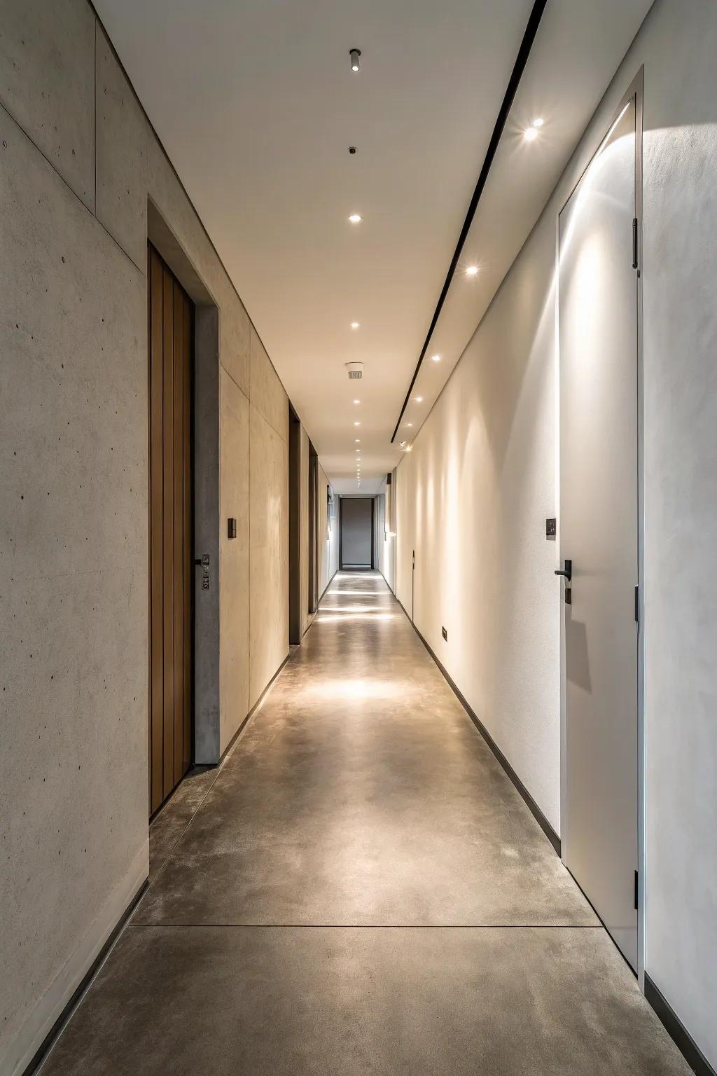 Hardened clay surfacing delivers a streamlined, modern aesthetic in slender hallways.
