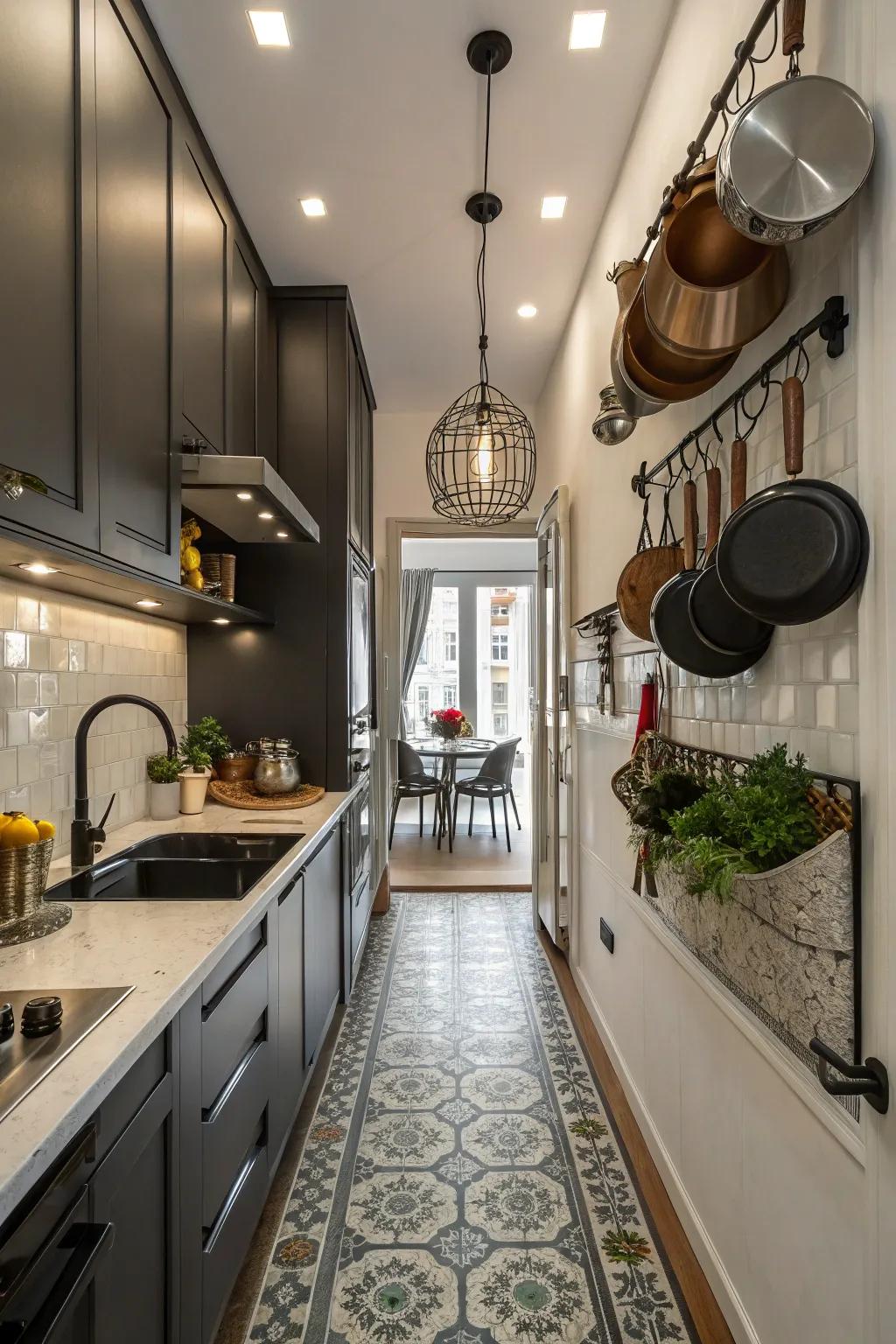 Functional ornamentation enhances the aesthetic and utility of narrow kitchens.