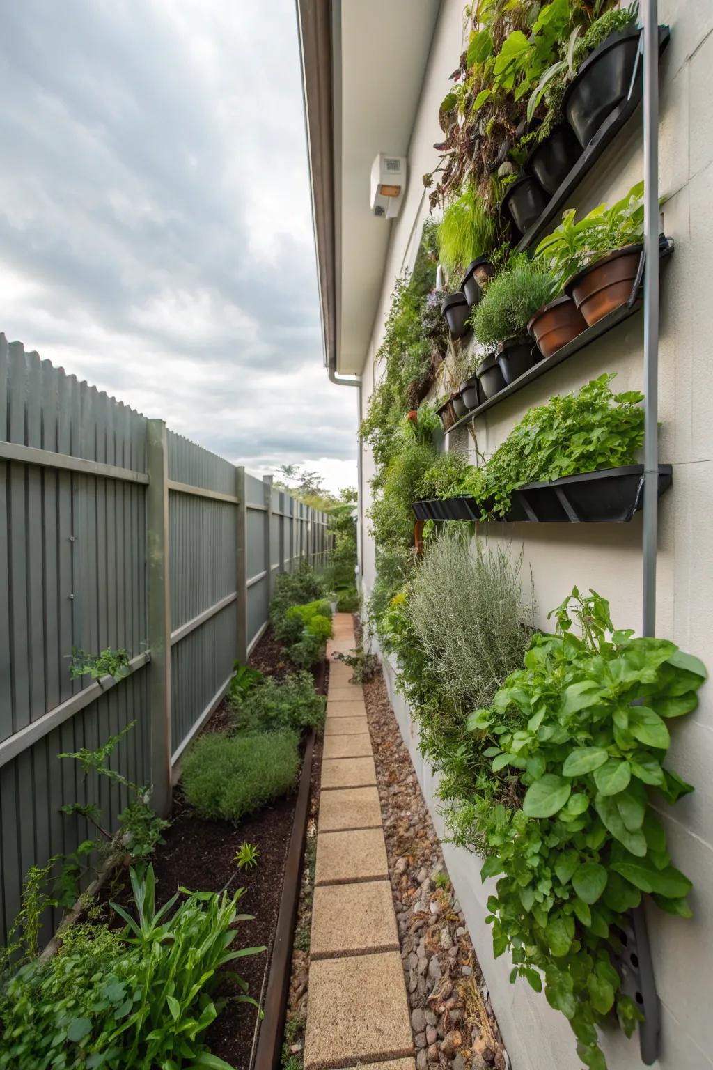 An edible wall is both practical and picturesque in a side yard.