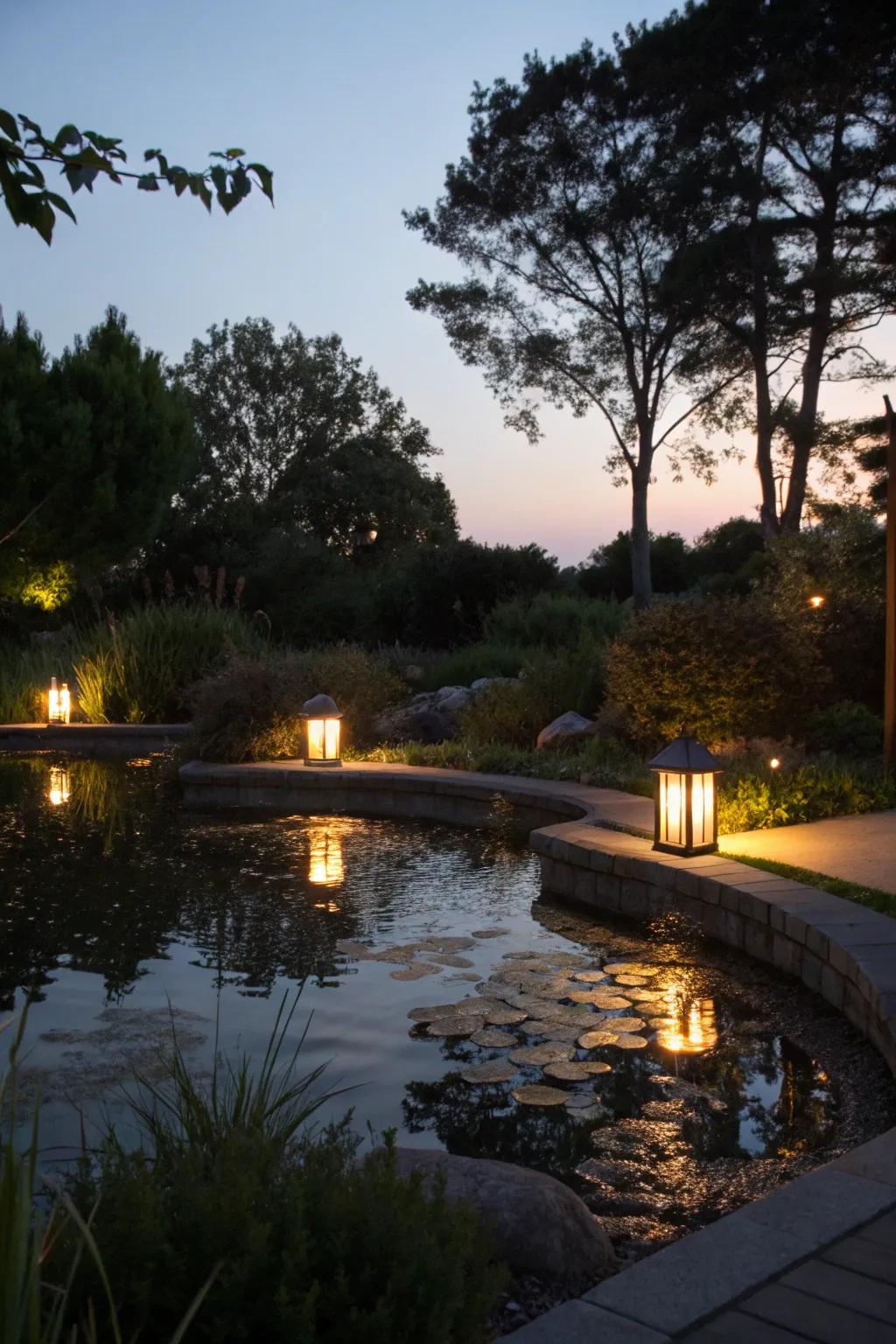 Solar-powered lights projecting a mild radiance across a serene water garden.