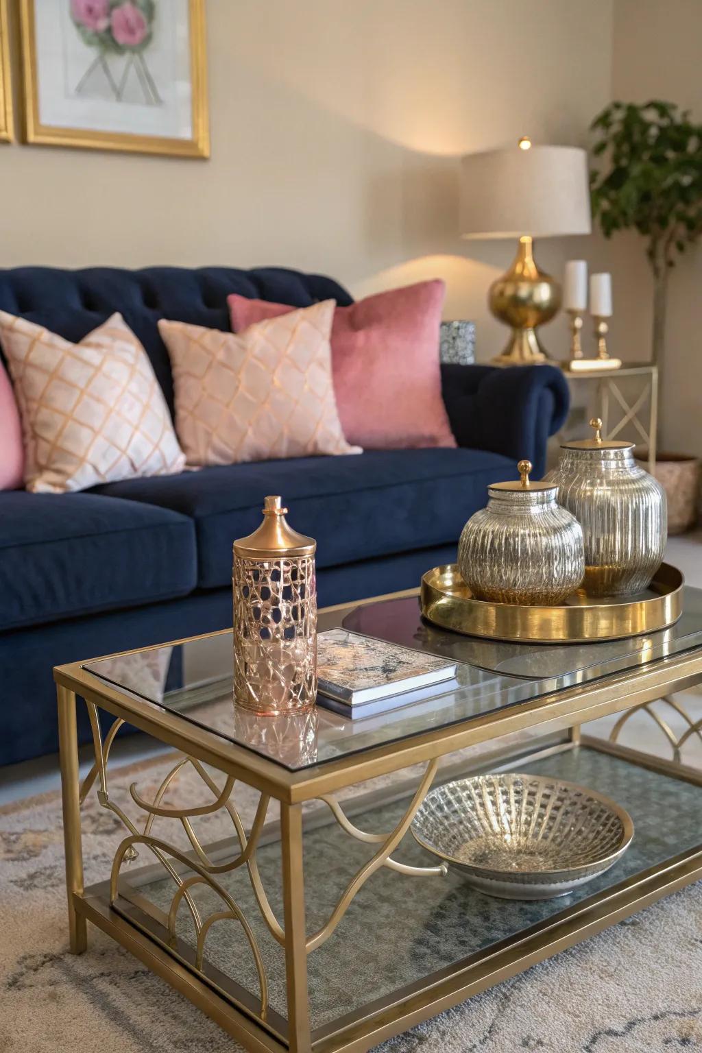 Mixed metals add a sophisticated contrast to sapphire and rose.