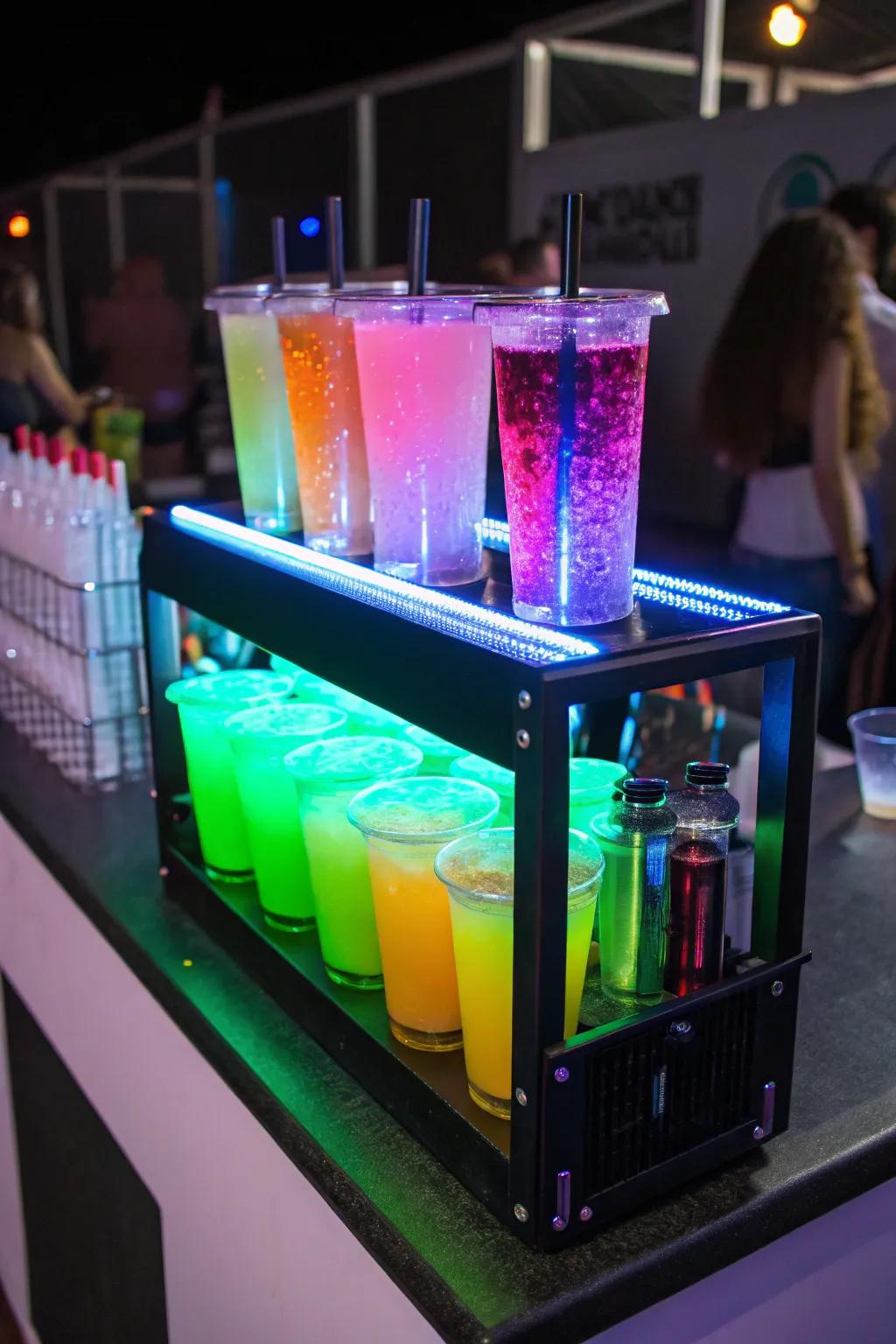 A radiant beverage station with beverages glowing under dark light, featuring colorful and eye-catching cocktails.
