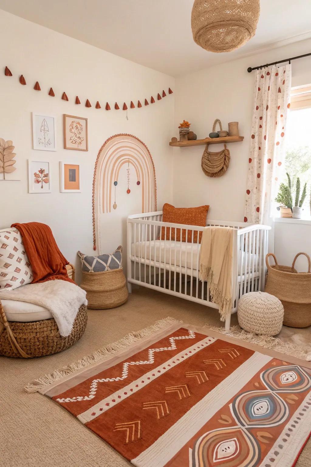 A nursery detailed with warm clay touches.