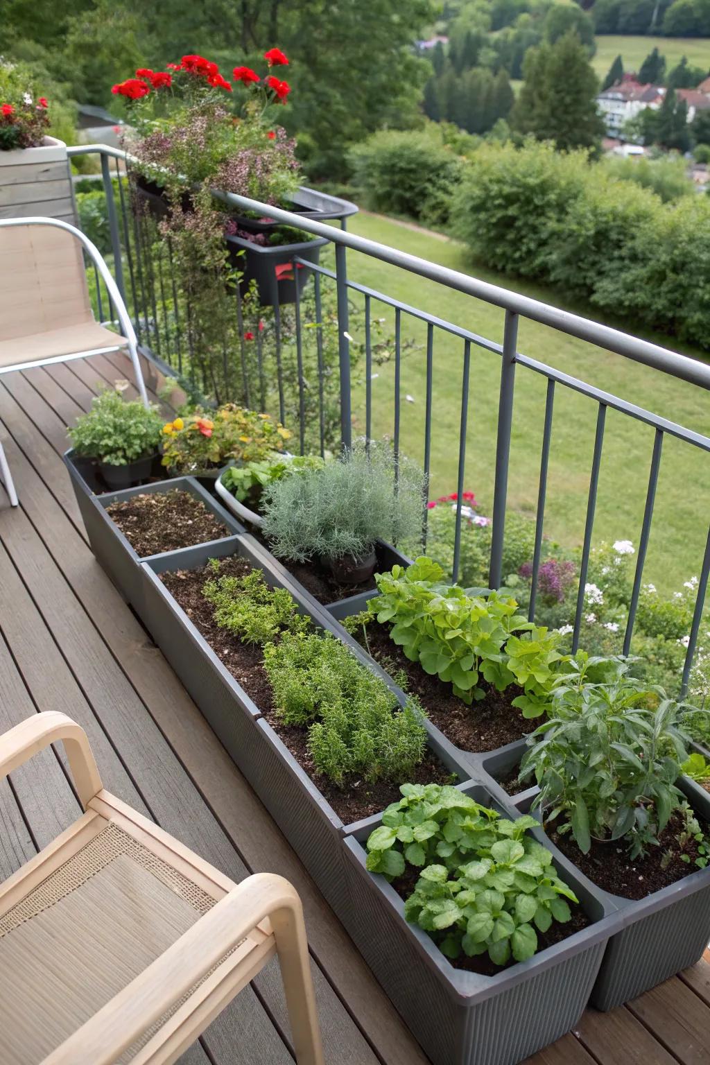 Effortless gardening made possible by self-sustaining planters on a sunny deck.