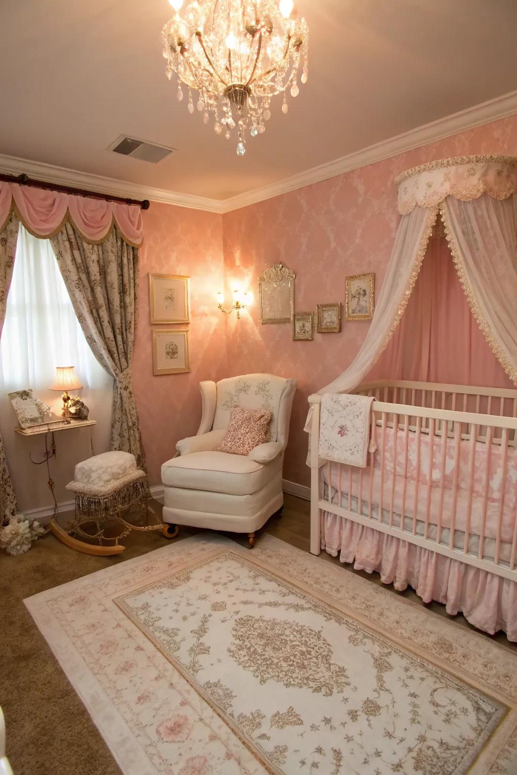 An exquisite nursery featuring sultry roseate walls.