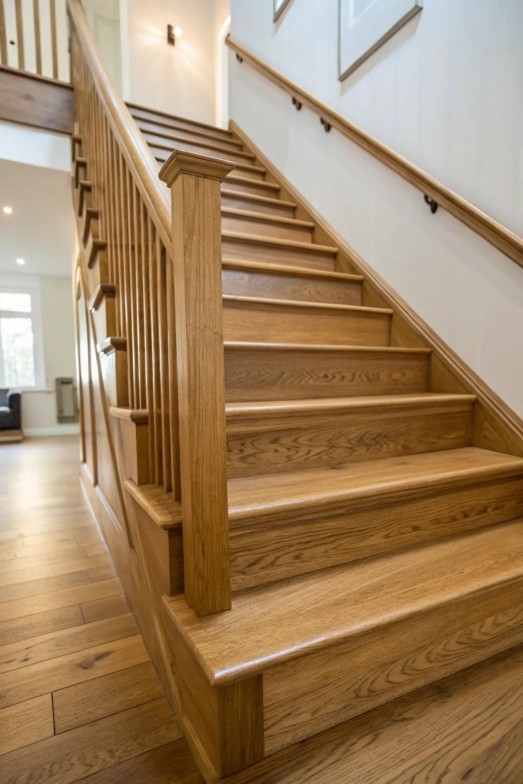 Eco-friendly finishes enhancing the beauty of a maple staircase.