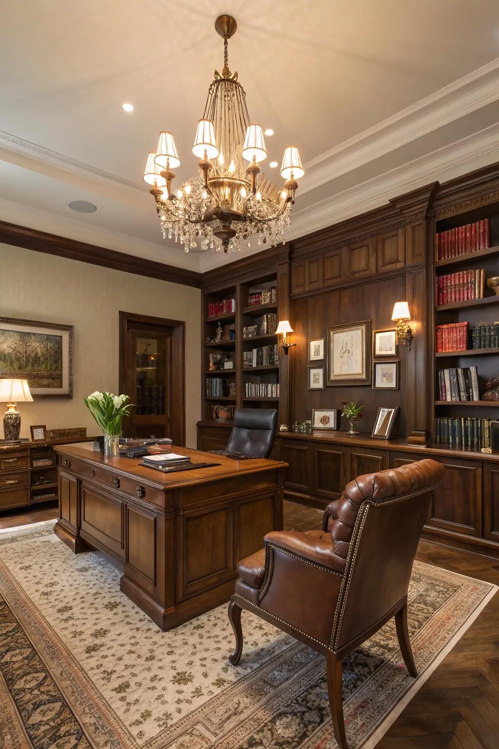 Chandeliers add a touch of elegance and class to office lighting.