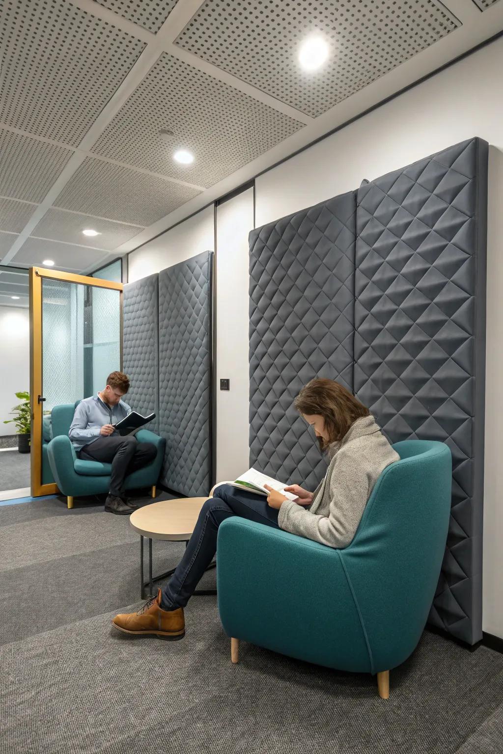 Quiet areas foster serenity and focus within bustling office environments.