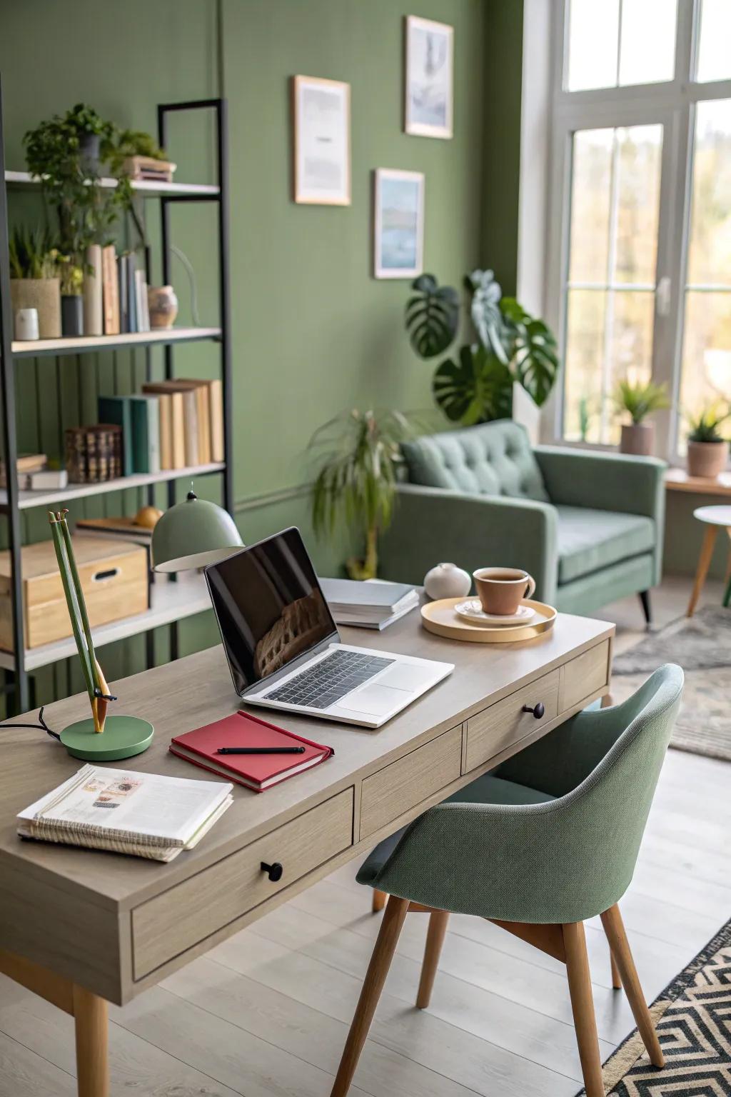 Leafy green walls encourage ingenuity in the home office.