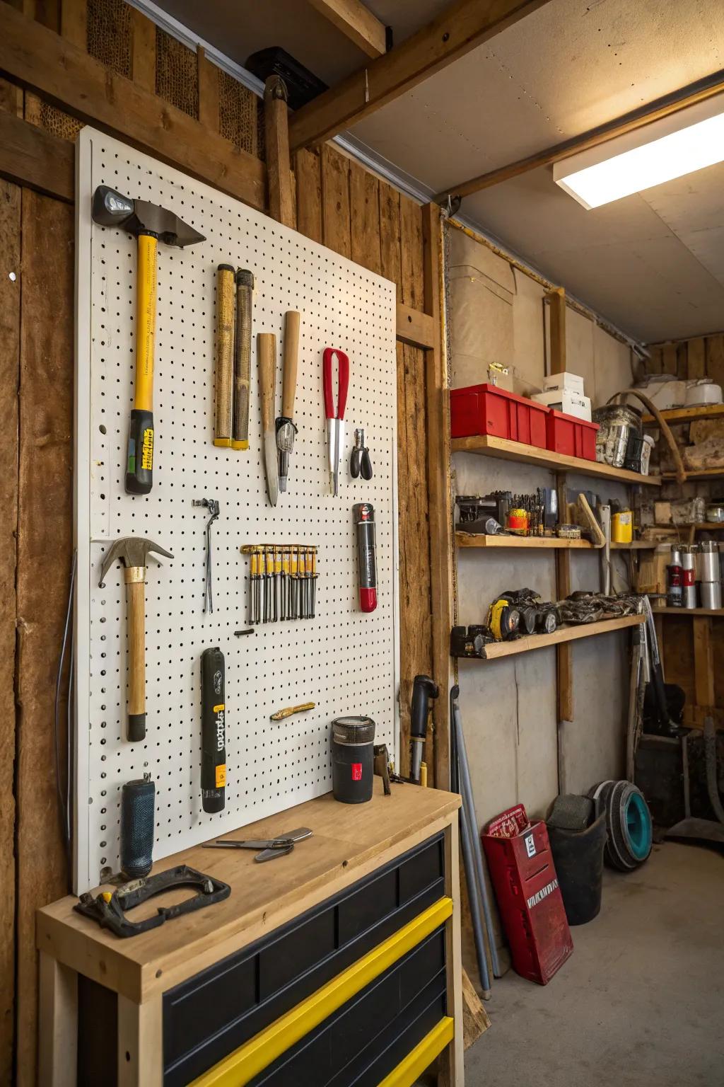 Pegboards offer a customizable solution for tool organization.