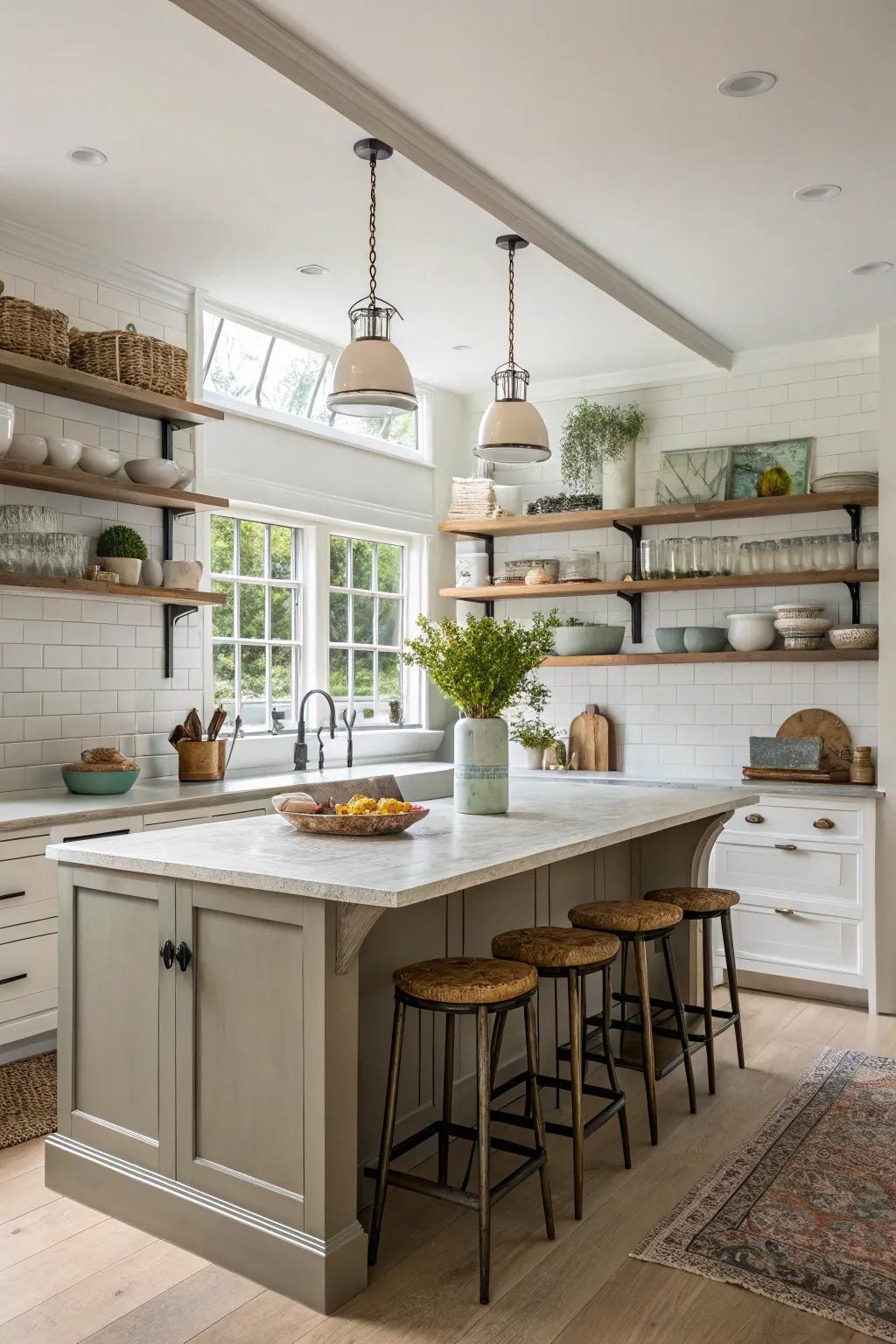 Open shelving introduces character and practicality to the kitchen.