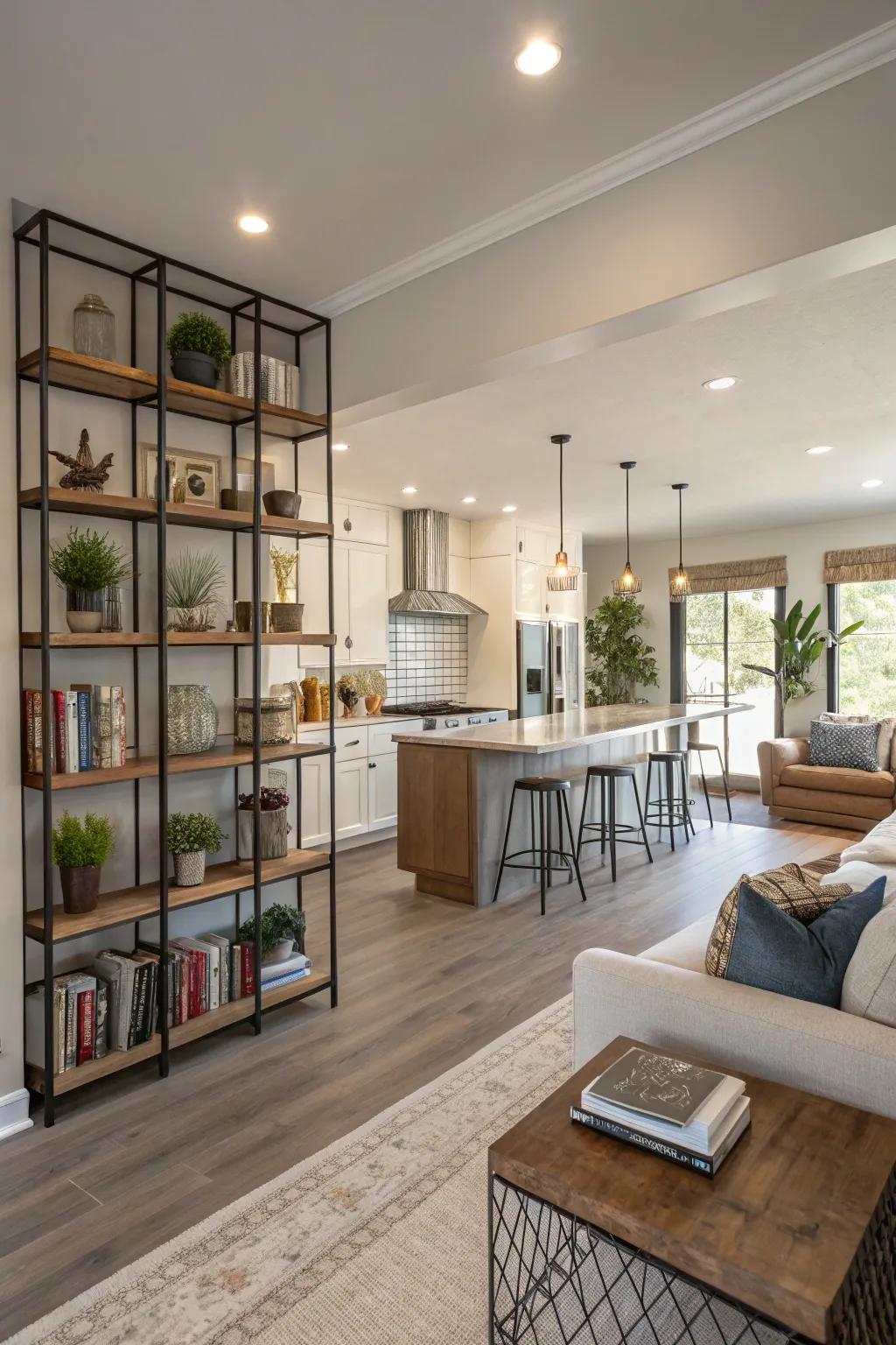 Open shelving functions as a subtle chamber divider in a capacious design.