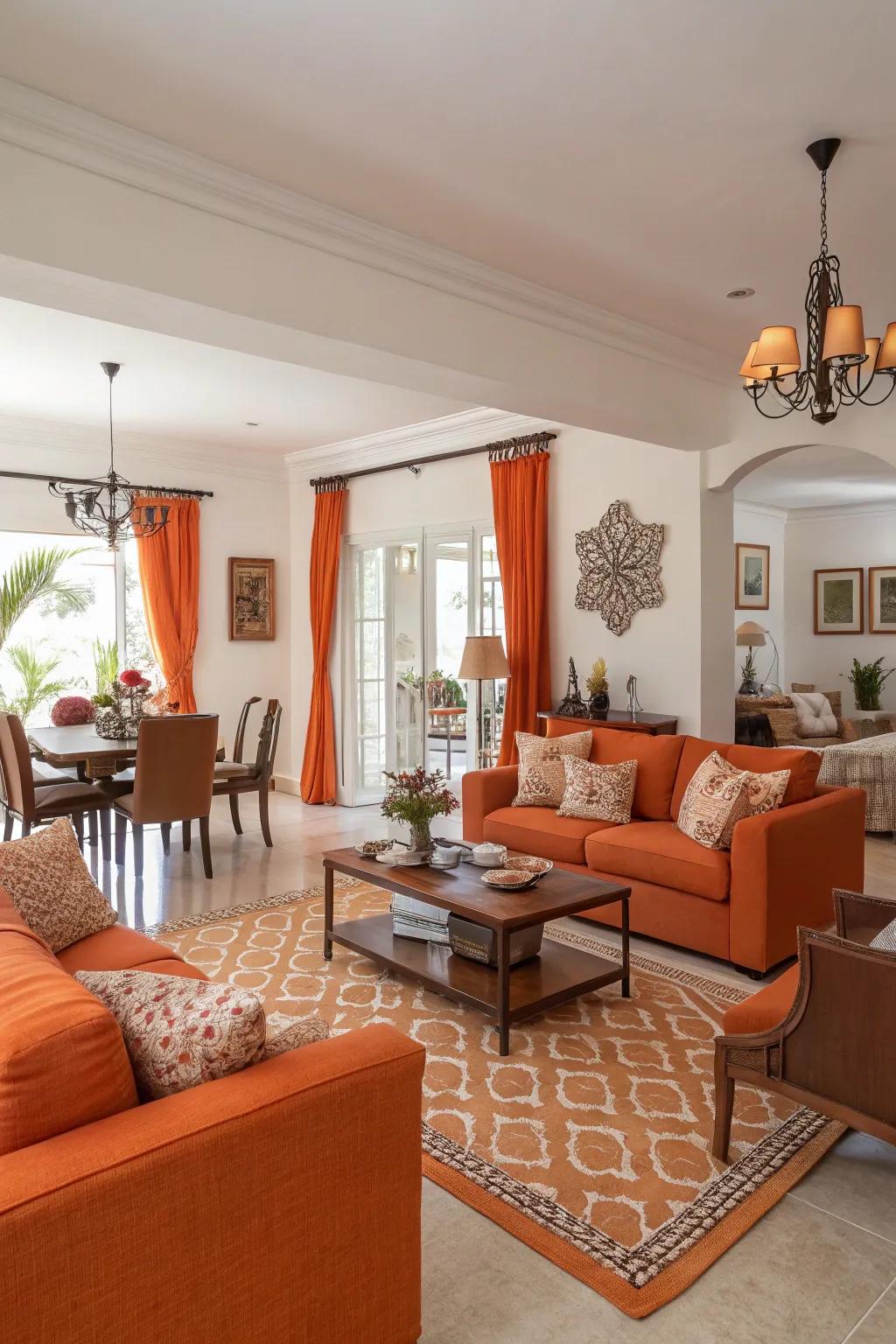 A cohesive open-concept living and dining area with matching orange décor.