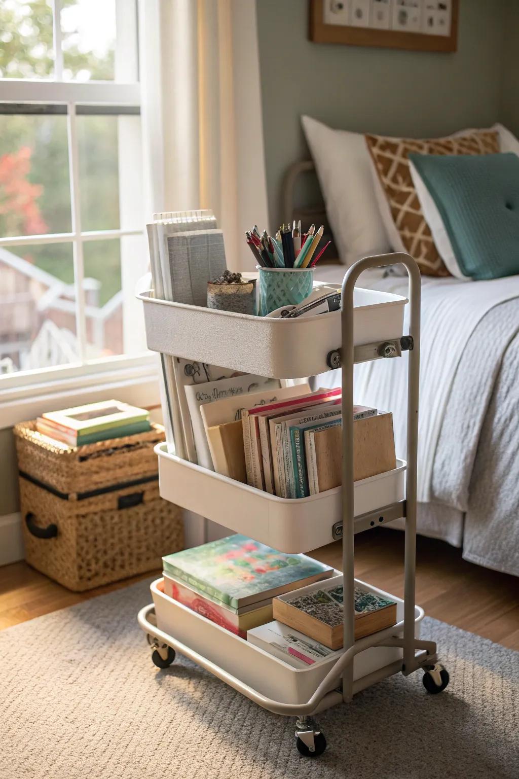Maintain a tidy, mobile arrangement with a rolling cart.