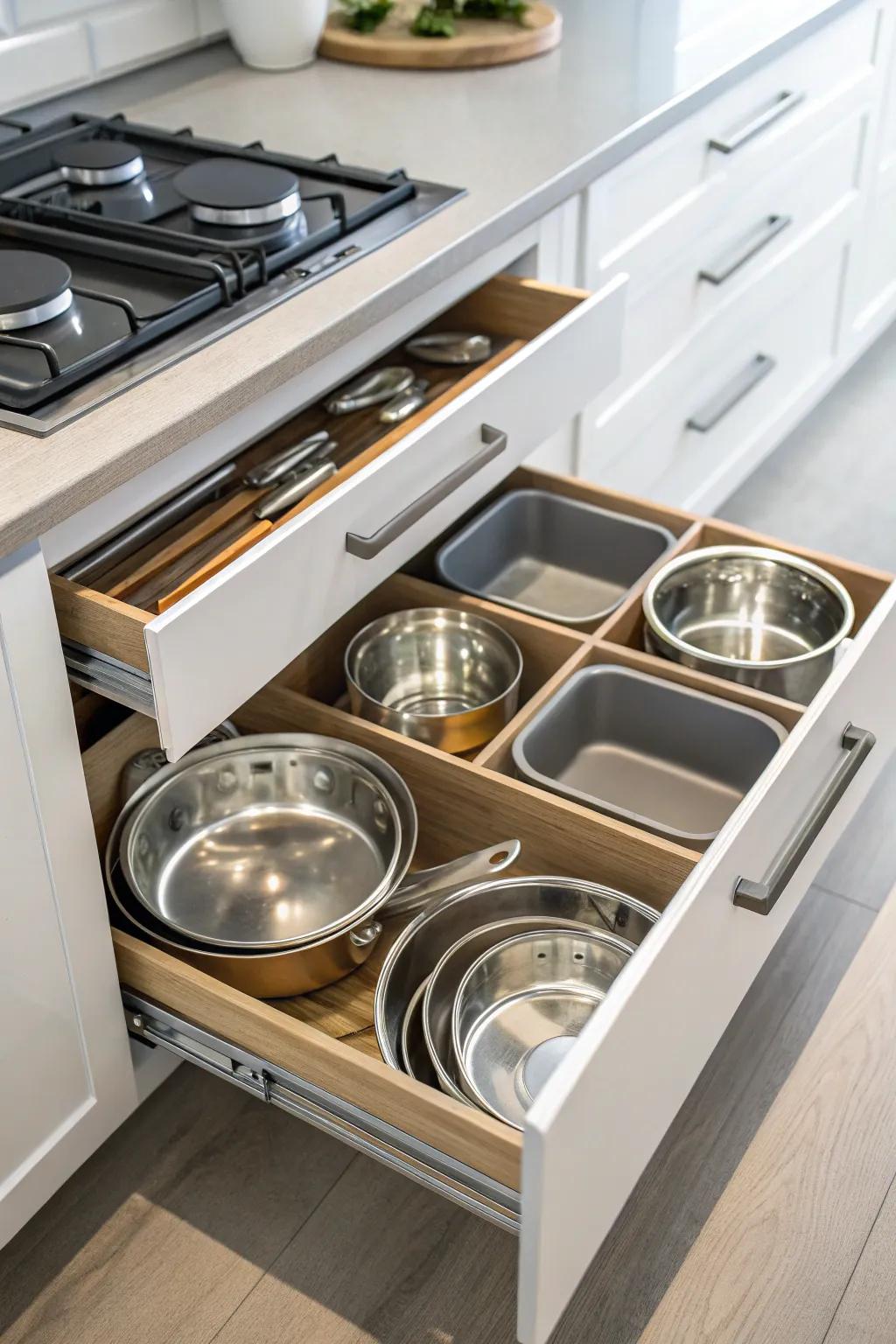Shelf add-ins keeping cookware neatly organized and safe.