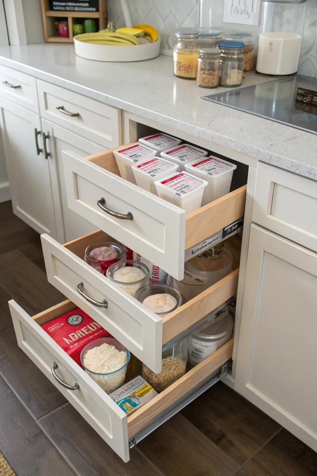 Sliding drawers streamline entry to storage within profound cabinetry.