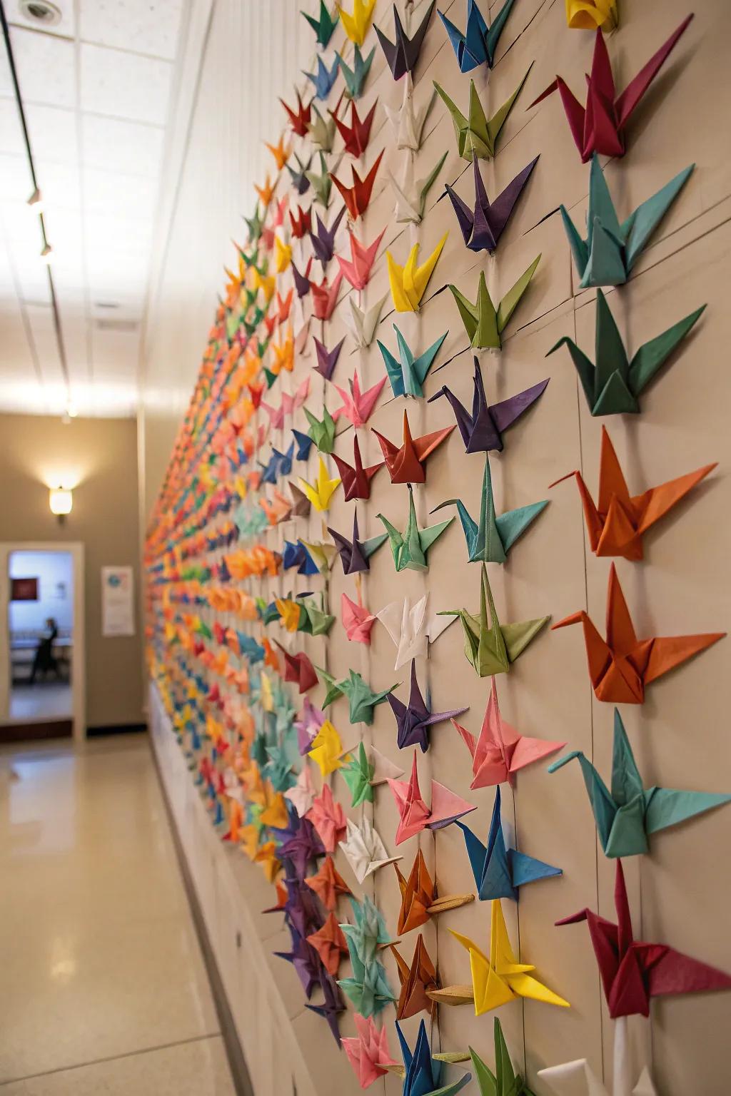 Groups of birds creating wall art.