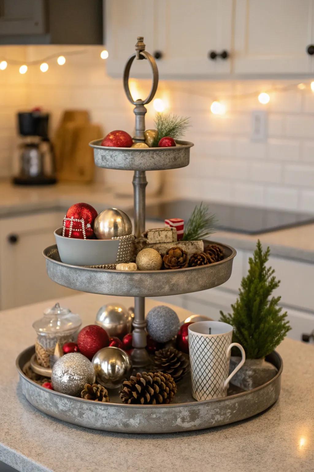 A delightful tableau on a tiered platter featuring ornaments.