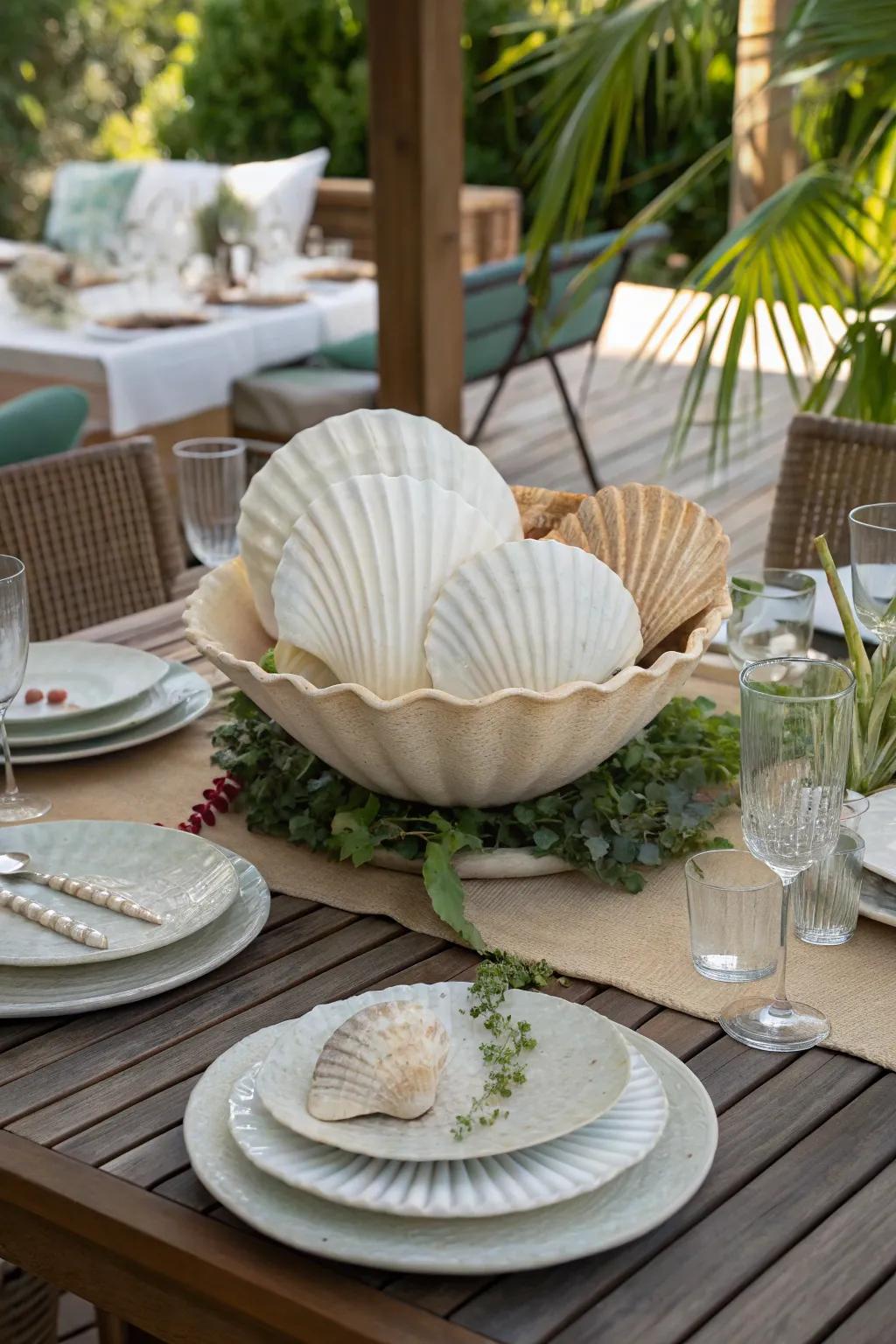Seashells incorporate a coastal touch to your outdoor eating experience.