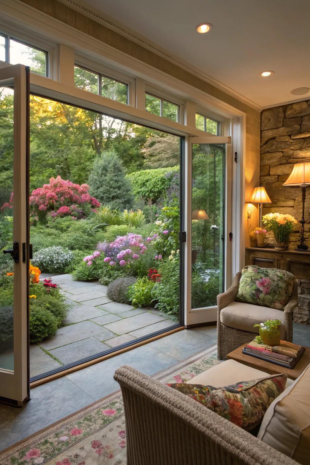 Interior comforts meeting outdoor beauty in a garden room.