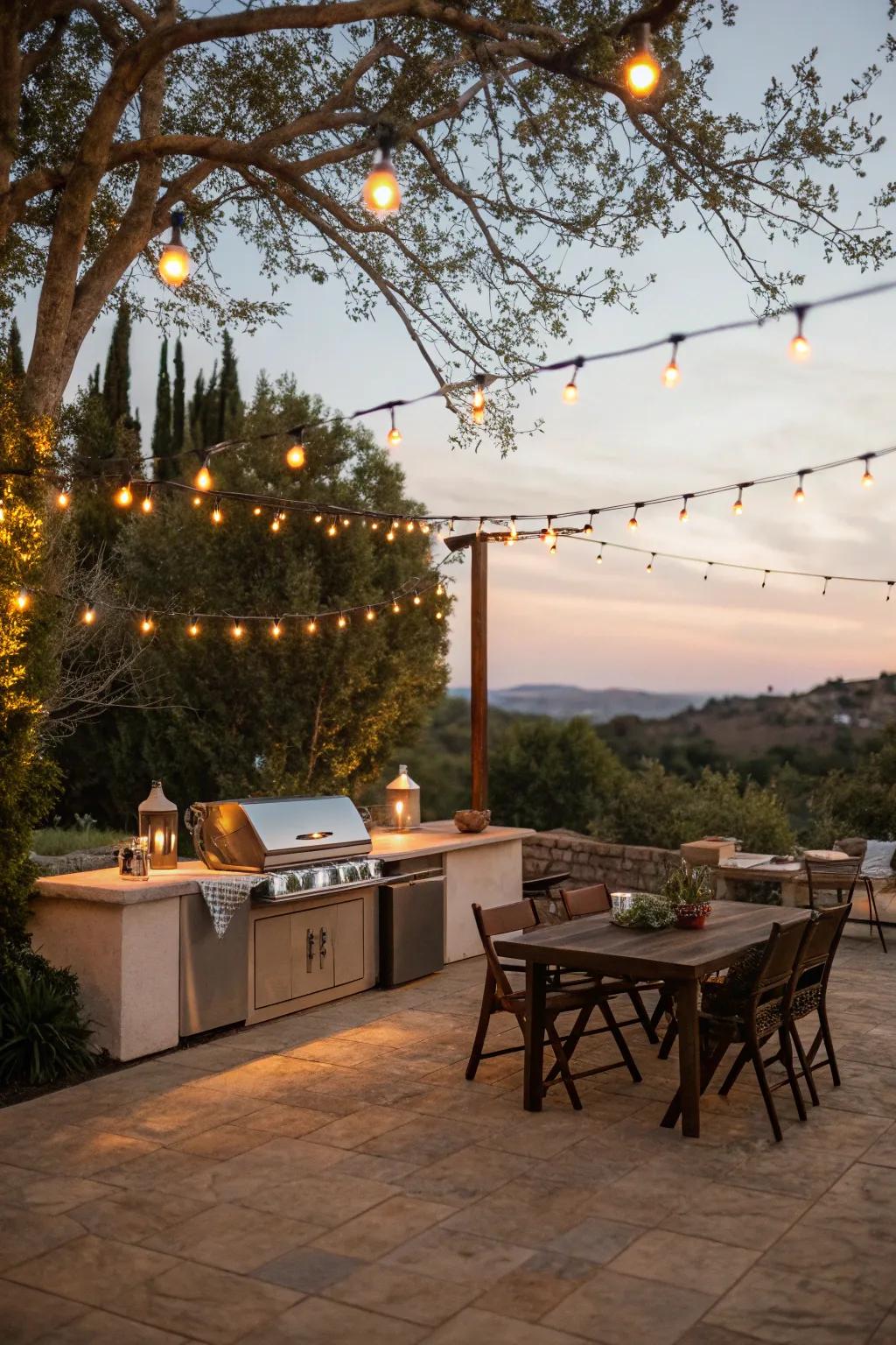 String lights add a whimsical ambiance to the grill area.
