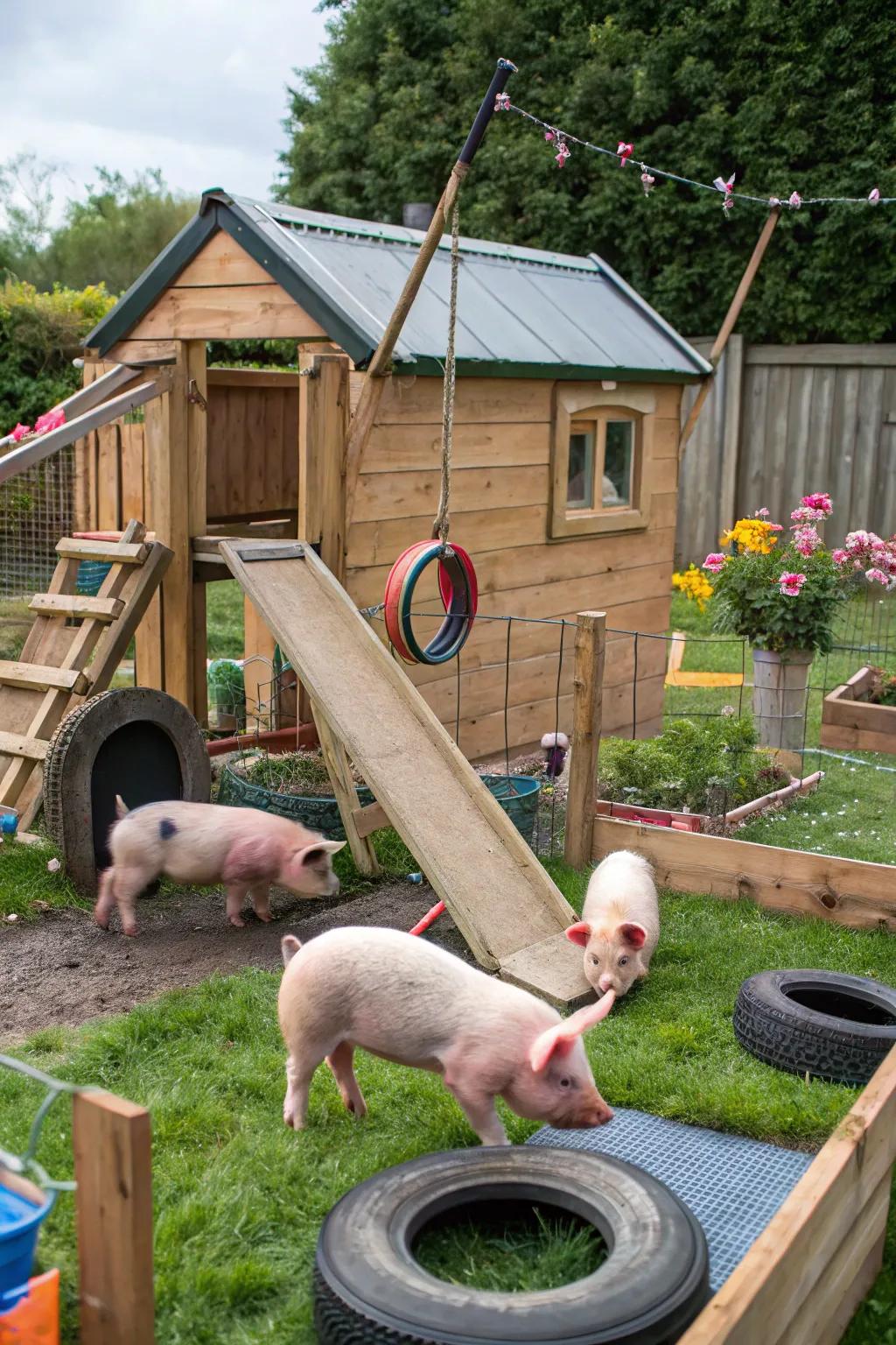 An animated enclosure with sectors conceived for pig amusement and interaction.