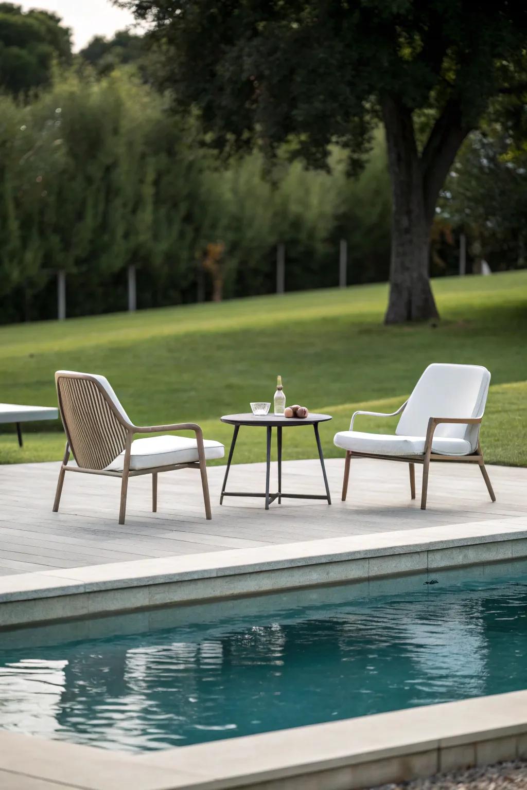 Contemporary minimalism delivers a neat and tranquil poolside ambiance.